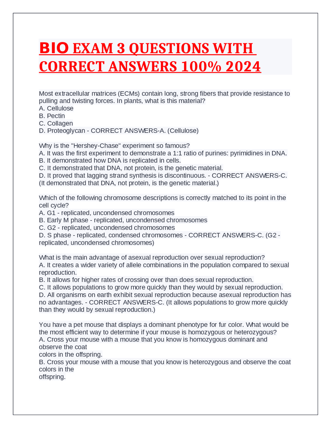 Biology Exam 3 Questions with Correct Answers | Exams Advanced ...