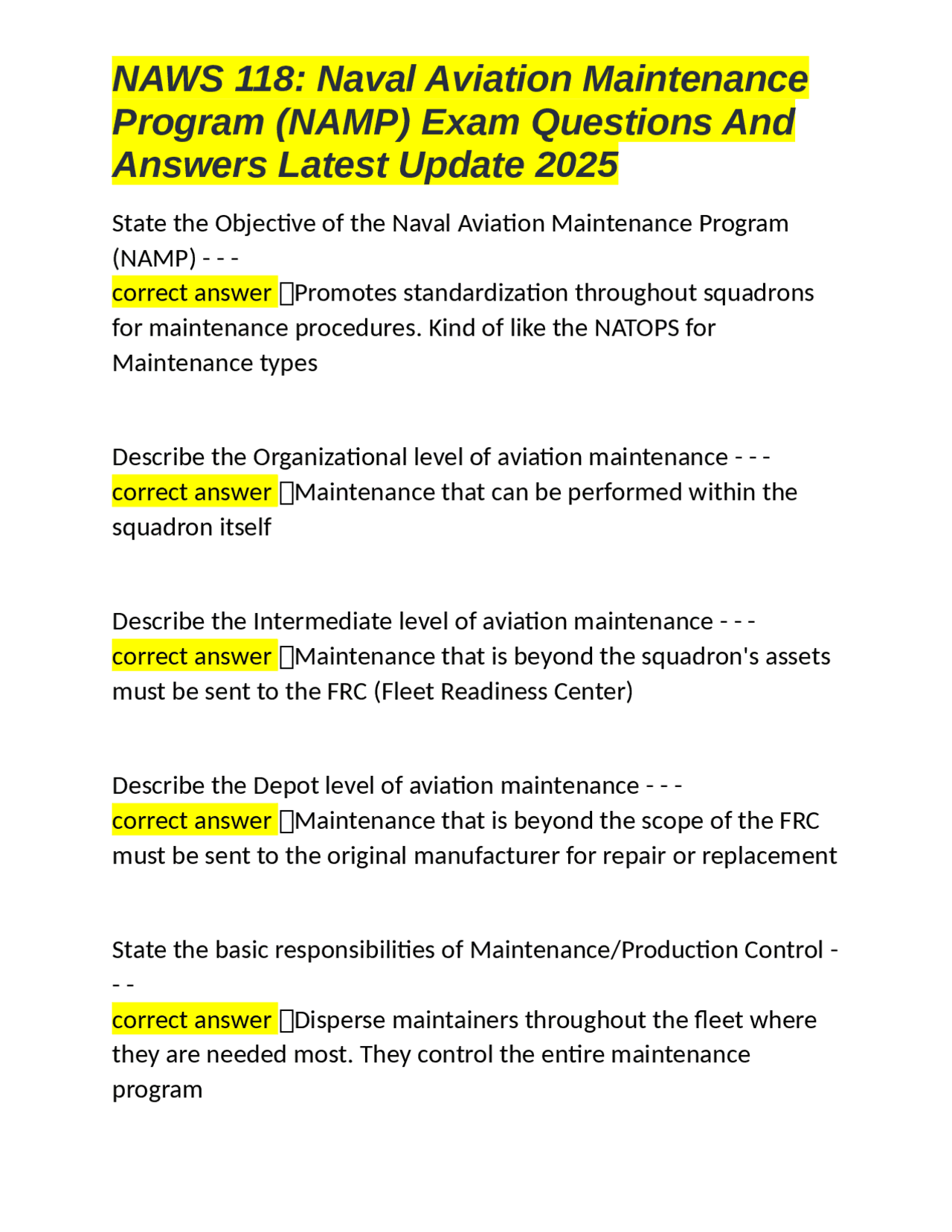 NAWS 118: Naval Aviation Maintenance Program (NAMP) Exam Questions and ...