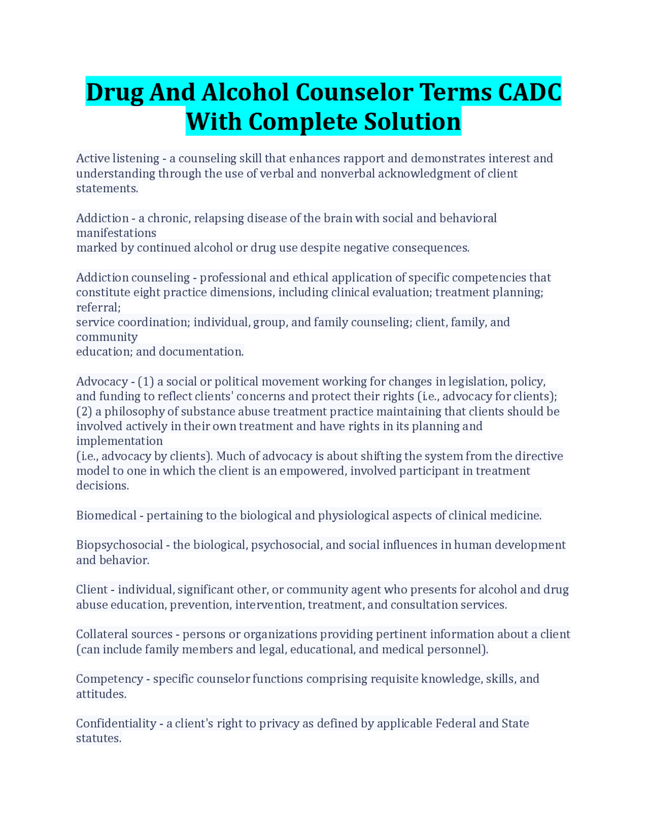 Drug And Alcohol Counselor Terms CADC With Complete Solution | Exams ...