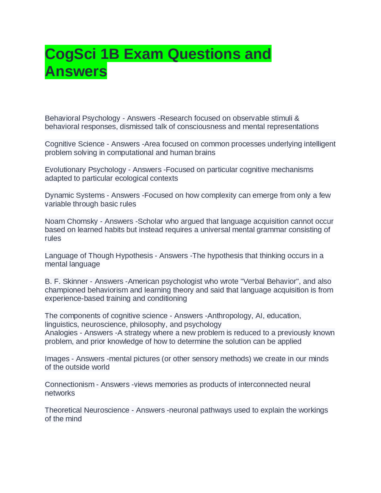 Cognitive Science 1B Exam Questions and Answers: A Comprehensive Guide ...