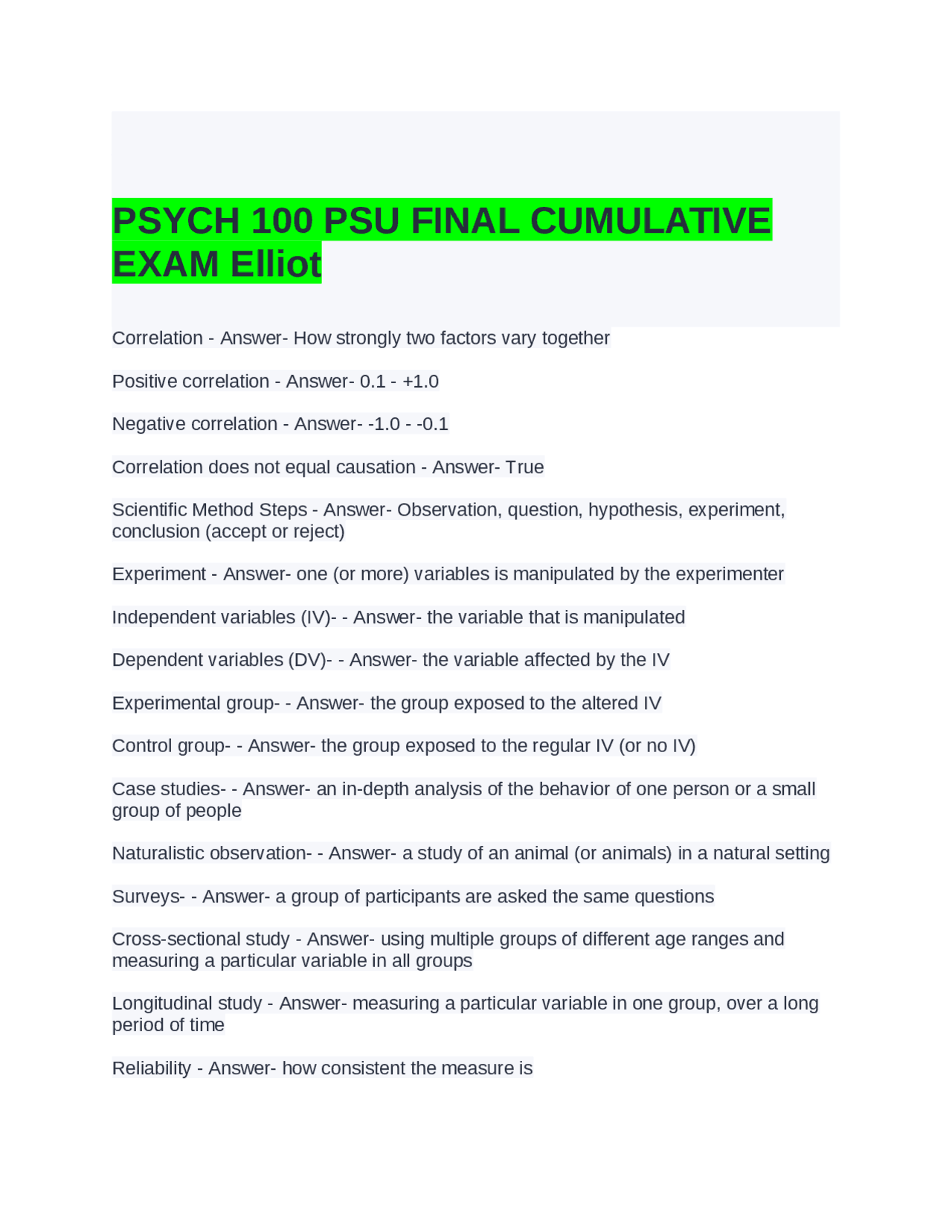 Psychology 100 PSU Final Cumulative Exam: Key Concepts and Definitions ...