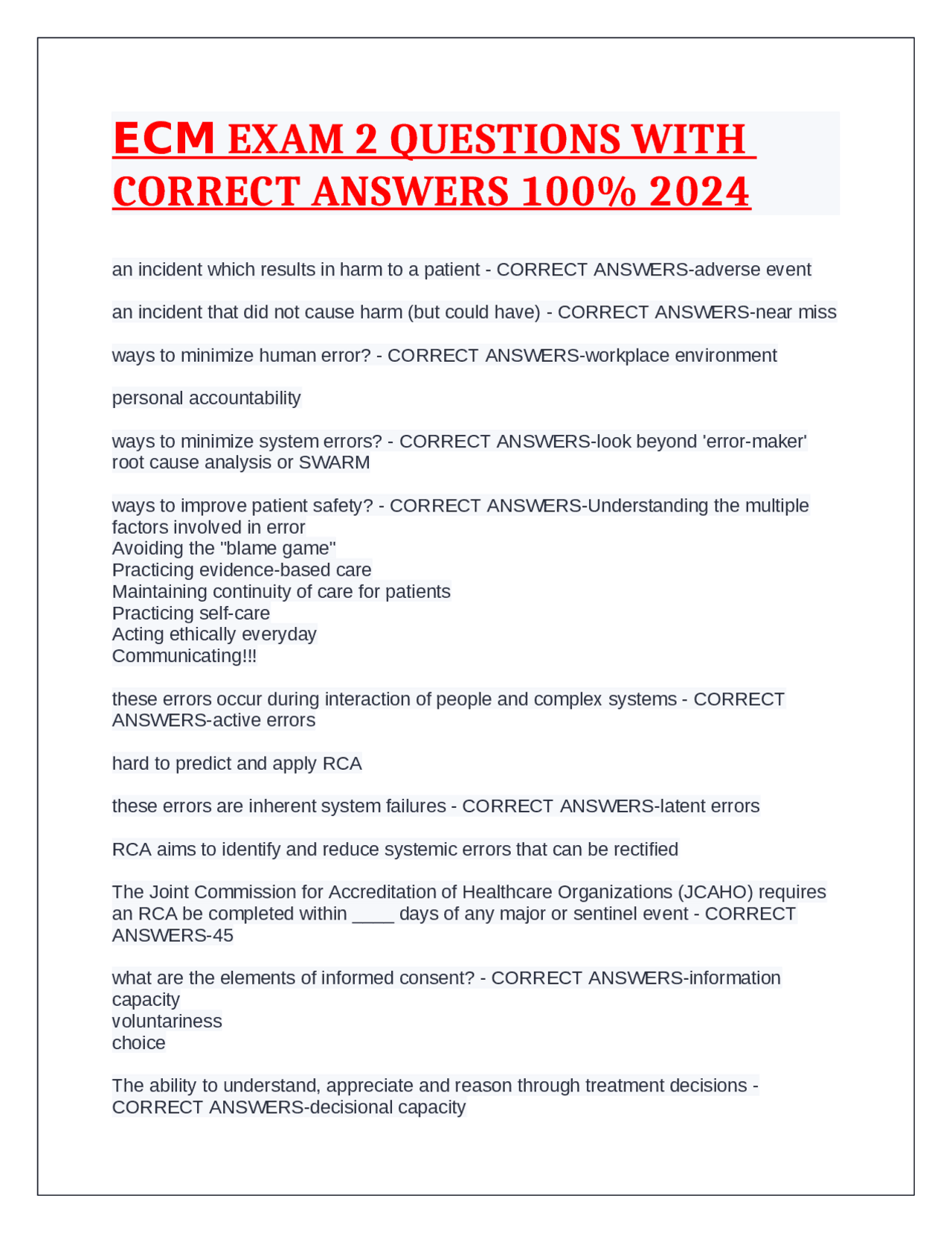 ECM EXAM 2 QUESTIONS WITH CORRECT ANSWERS 100% 2024 | Exams Advanced ...