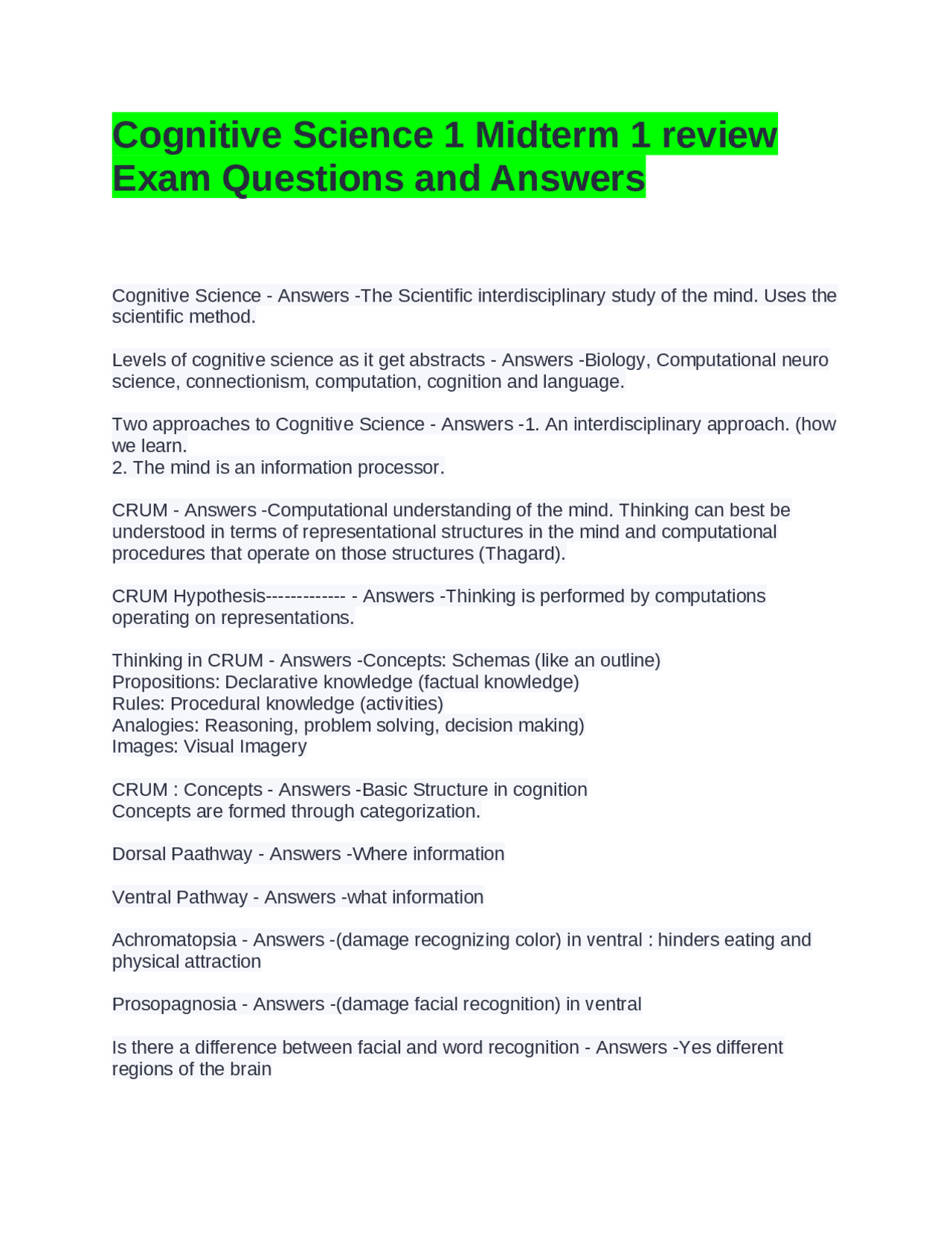 Cognitive Science 1 Midterm 1 review Exam Questions and Answers | Exams ...