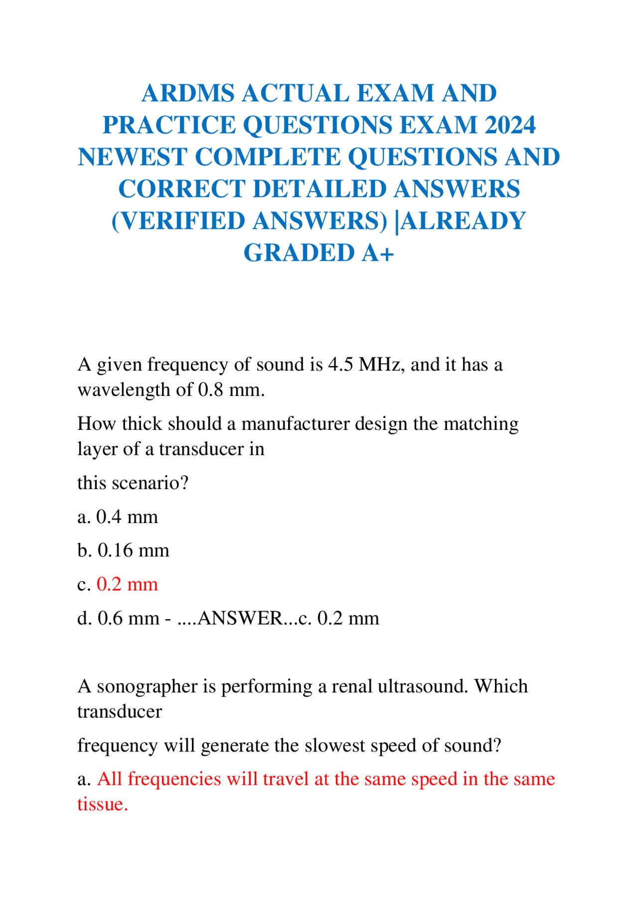 ARDMS ACTUAL EXAM AND PRACTICE QUESTIONS EXAM 2024 NEWEST | Exams ...