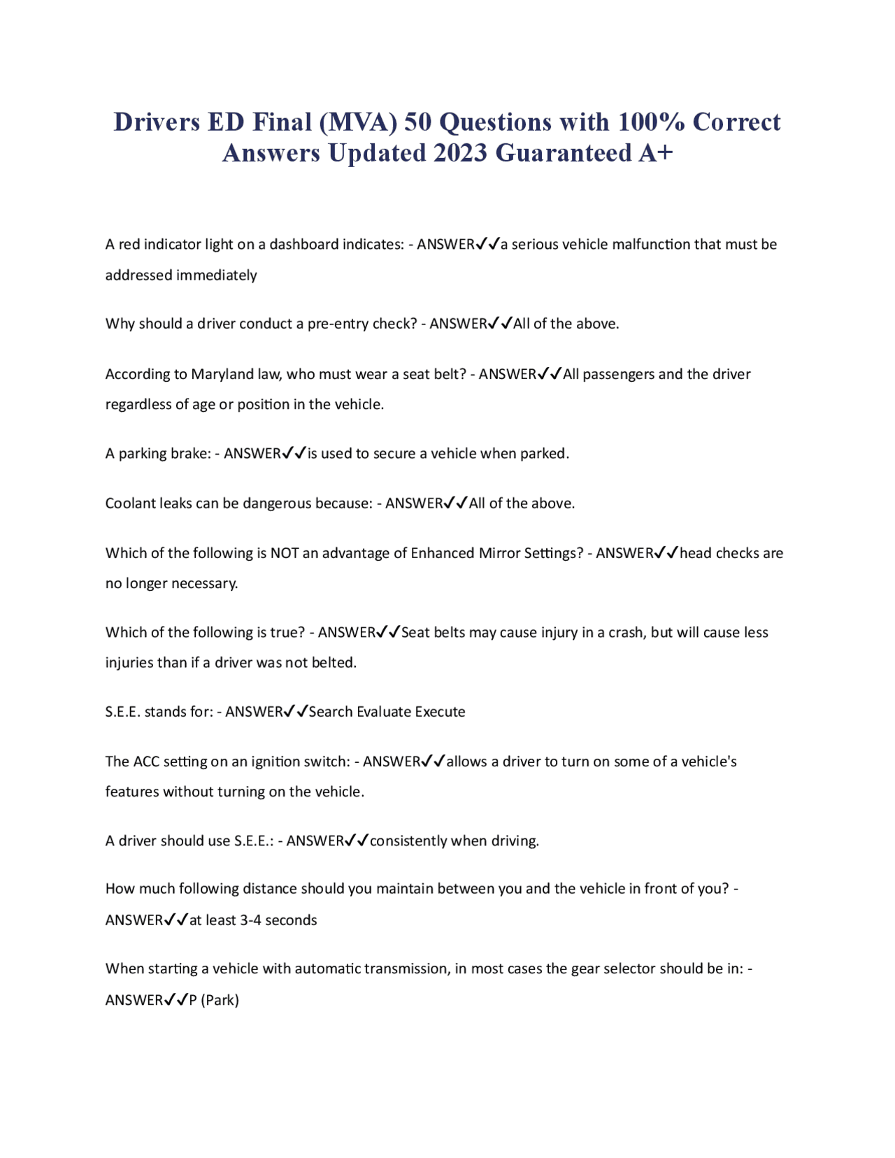 Drivers ED Final (MVA) 50 Questions with 100% Correct Answers Updated ...