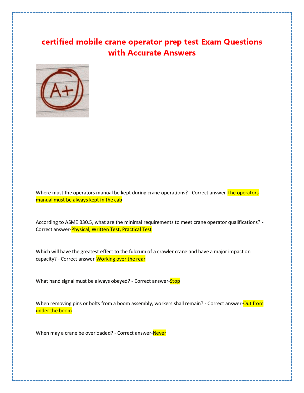 Certified Mobile Crane Operator Prep Test: Exam Questions and Answers ...