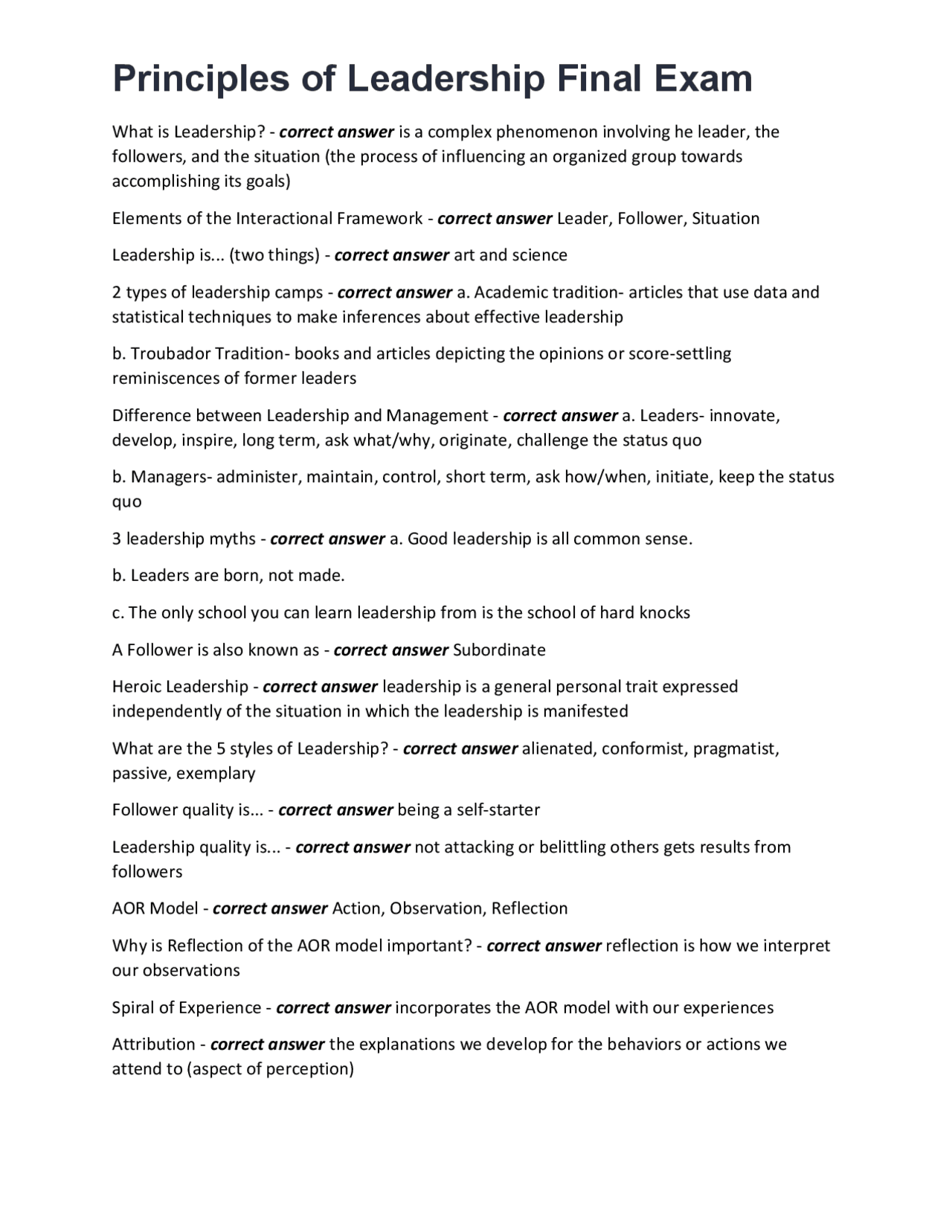 Principles of Leadership Final Exam: Questions and Answers | Exams Nursing | Docsity