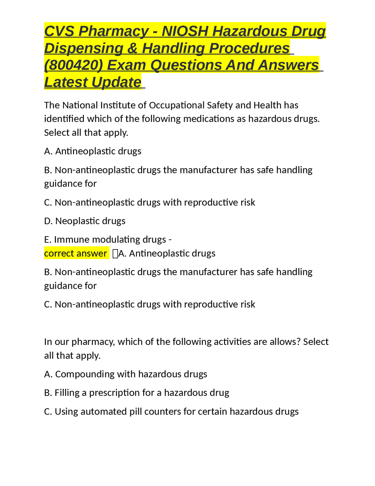 CVS Pharmacy - NIOSH Hazardous Drug Dispensing & Handling Procedures ...