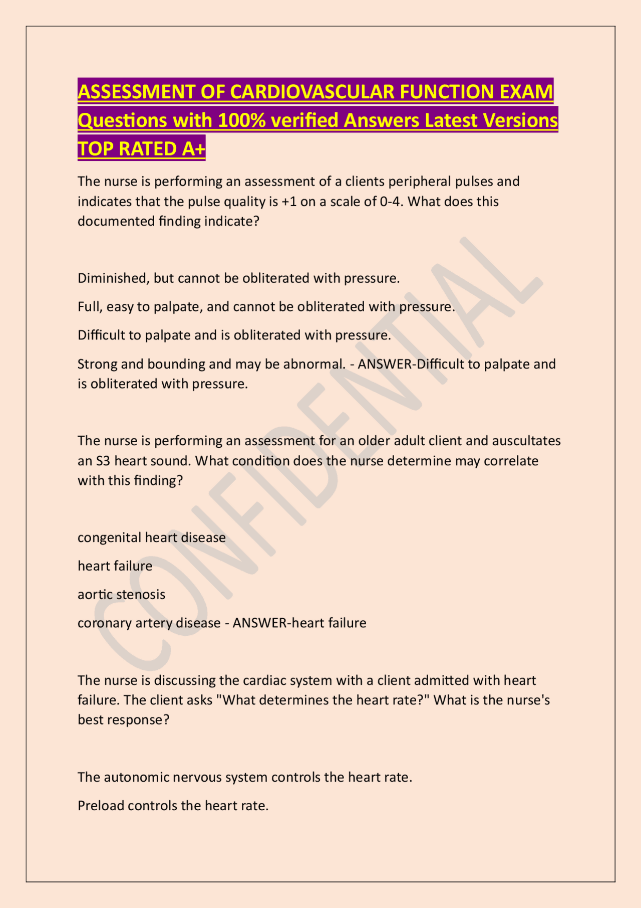 Assessment of Cardiovascular Function Exam: Questions and Answers ...