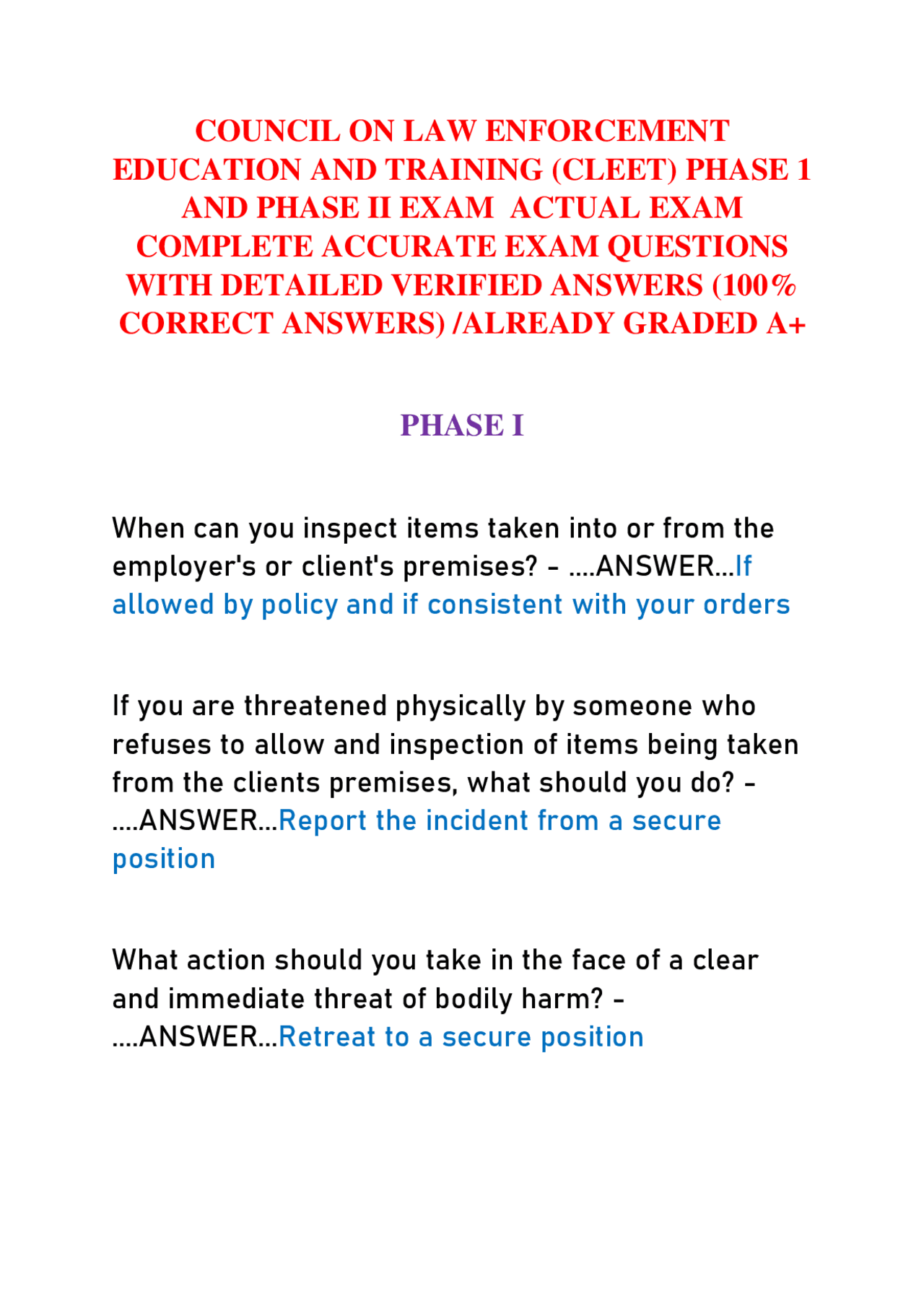 COUNCIL ON LAW ENFORCEMENT EDUCATION AND TRAINING (CLEET) PHASE 1 AND ...