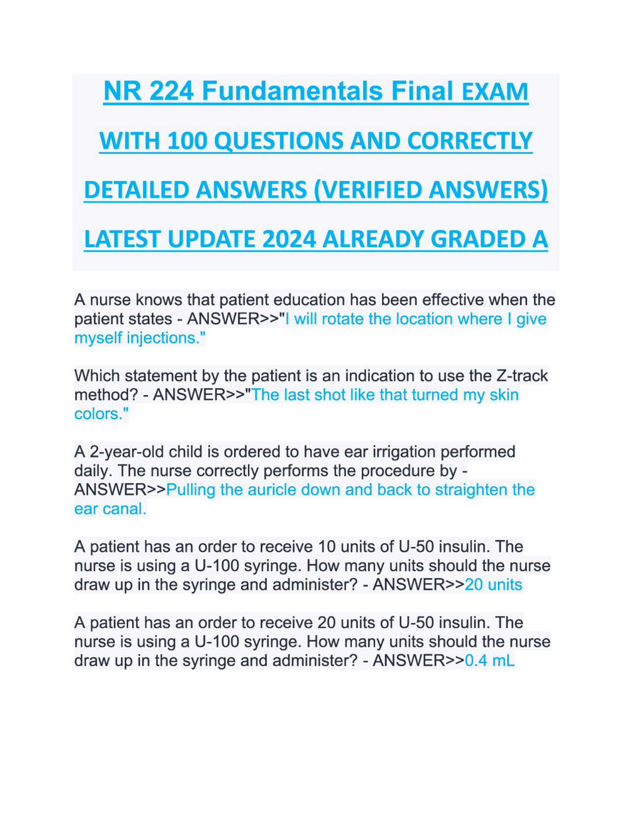 NR 224 Fundamentals Final EXAM WITH 100 QUESTIONS AND CORRECTLY ...