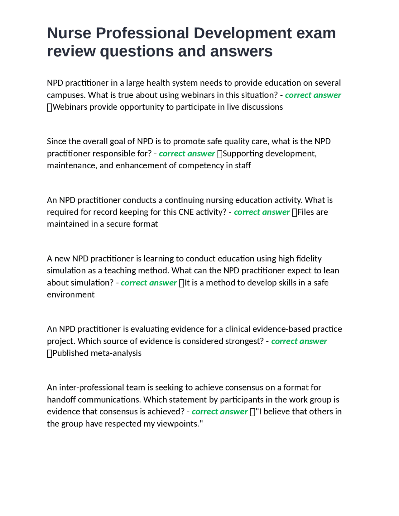 Npd Sample Questions Nurse Professional Development exam review questions and answers ...
