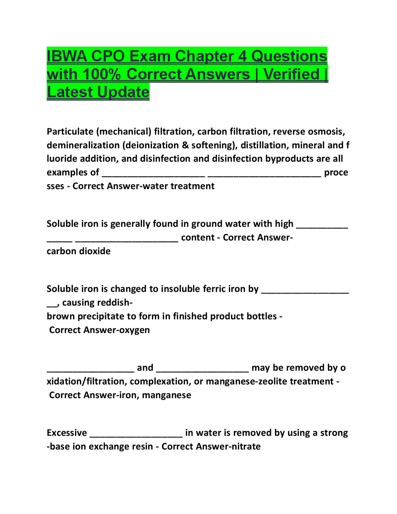 IBWA CPO Exam Chapter 4 Questions and Answers: Water Treatment ...
