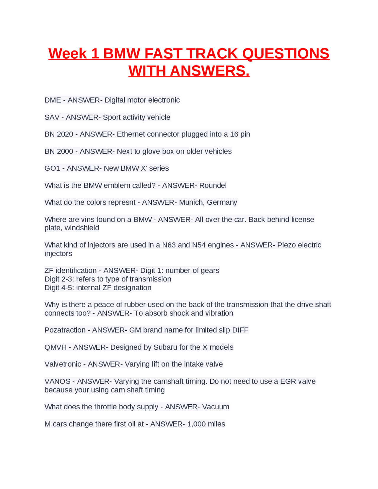 BMW FAST TRACK QUESTIONS WITH ANSWERS: Week 1 | Exams Advanced ...