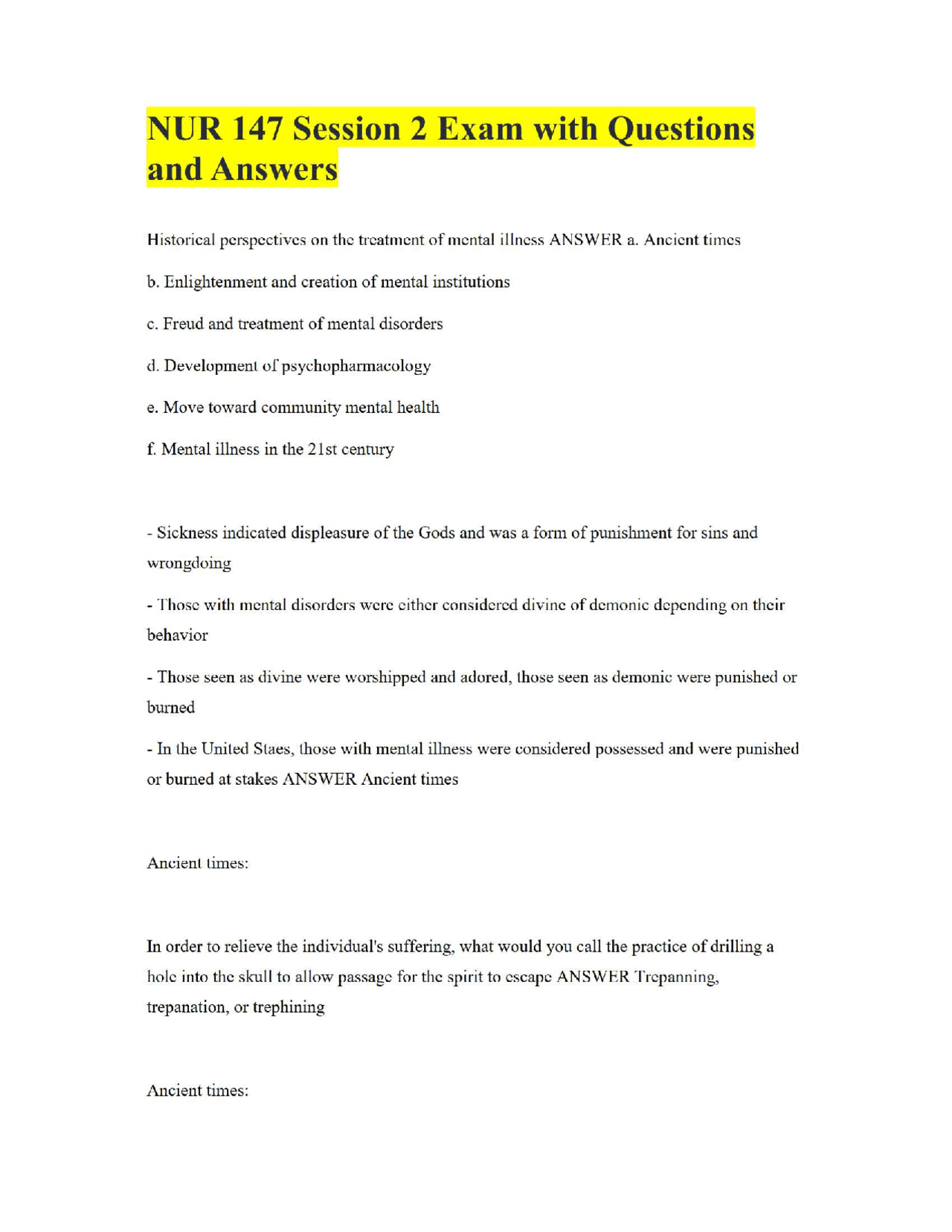 NUR 147 Session 2 Exam with Questions and Answers | Exams Nursing | Docsity