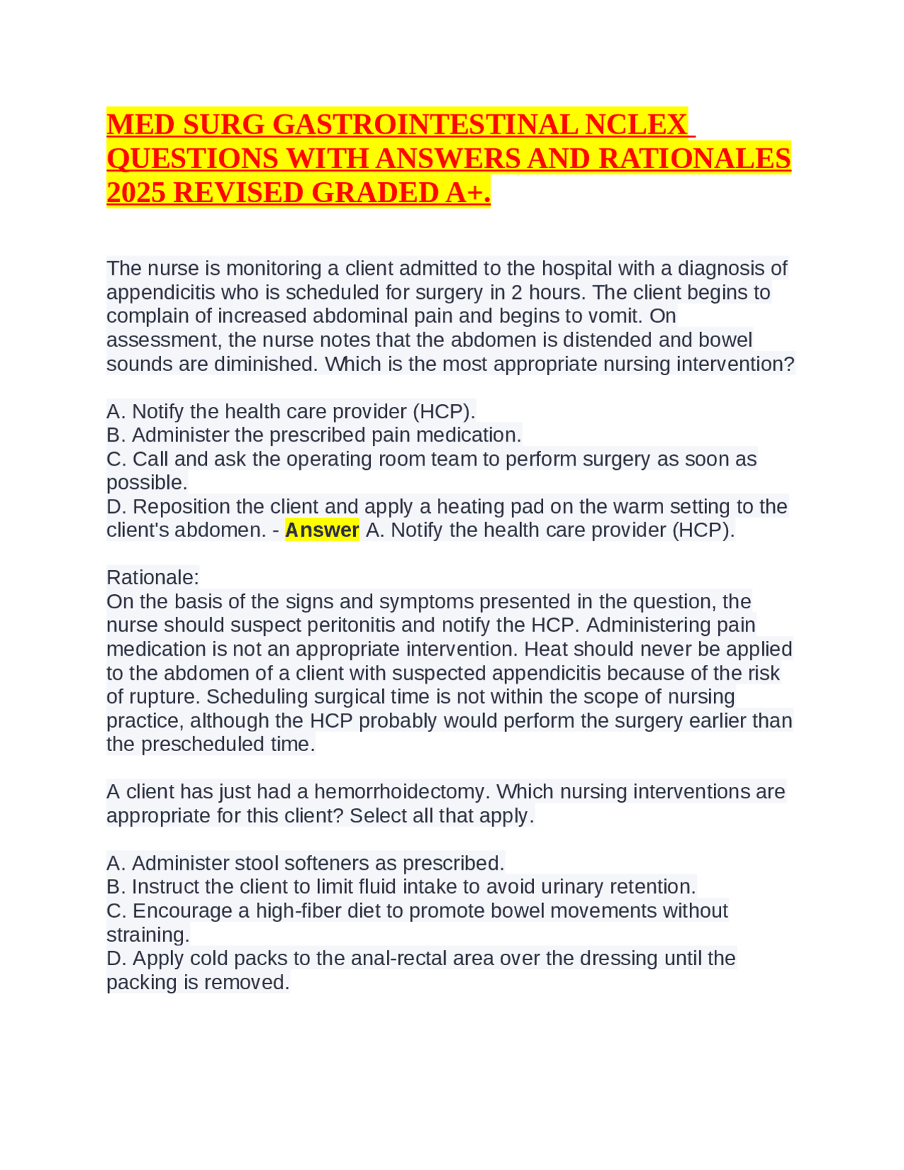 MED SURG GASTROINTESTINAL NCLEX Questions with Answers and Rationales ...