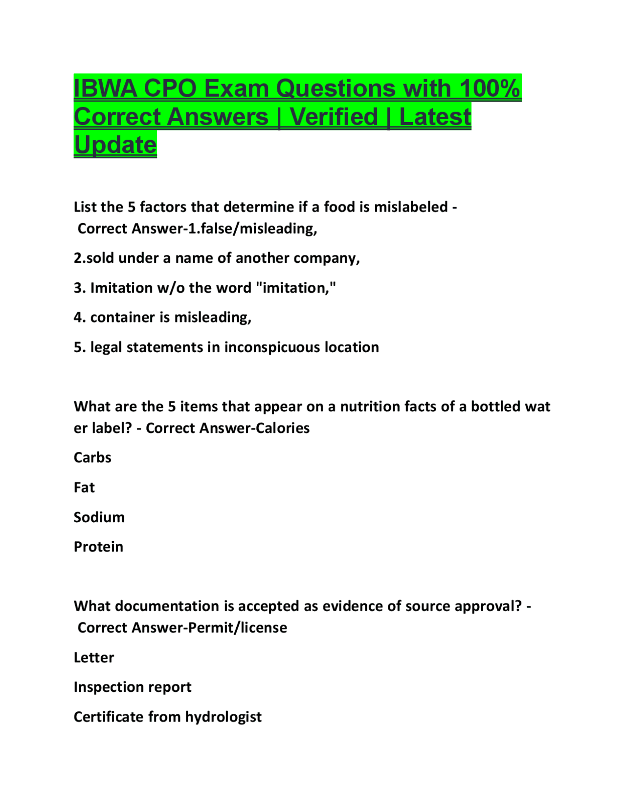 IBWA CPO Exam Questions and Answers: Bottled Water Industry | Exams ...