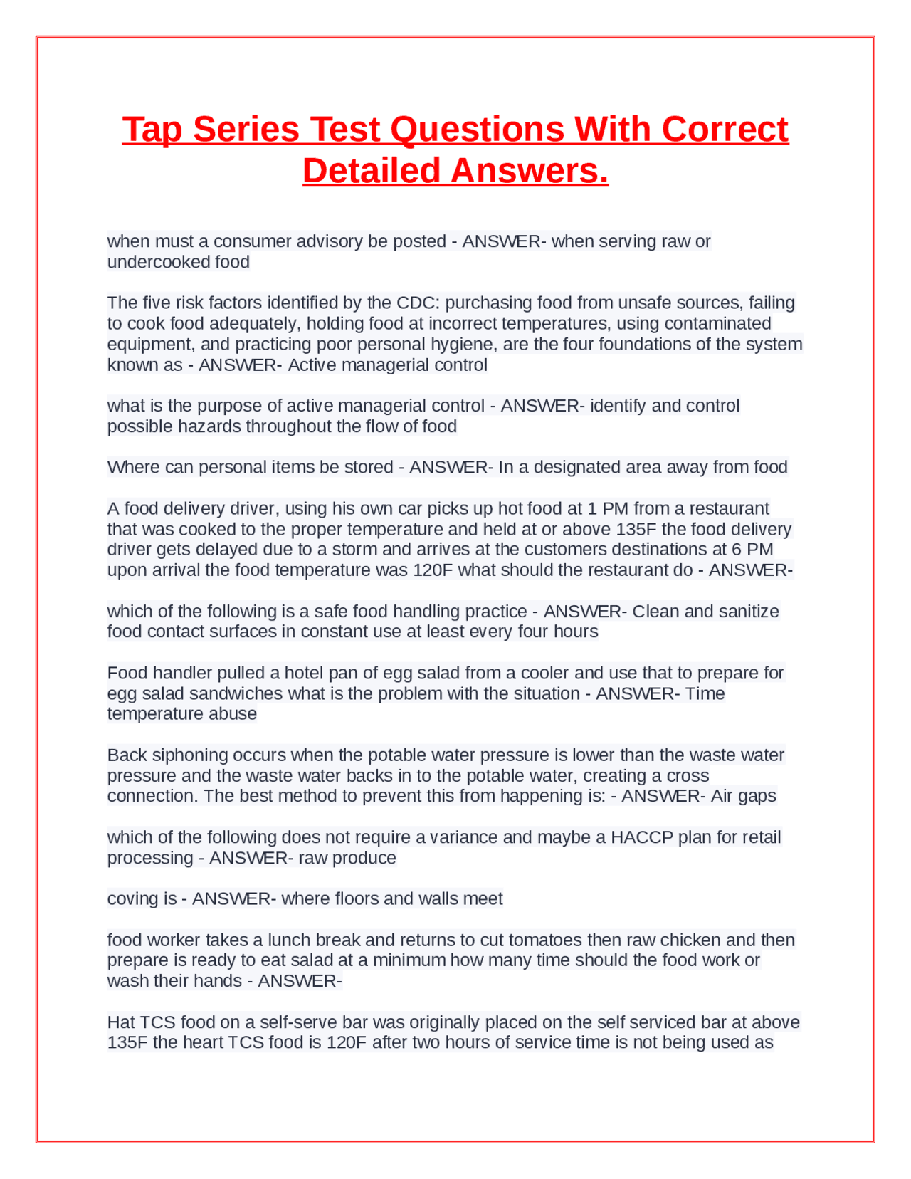 Food Safety Test Questions and Answers | Exams Advanced Education | Docsity