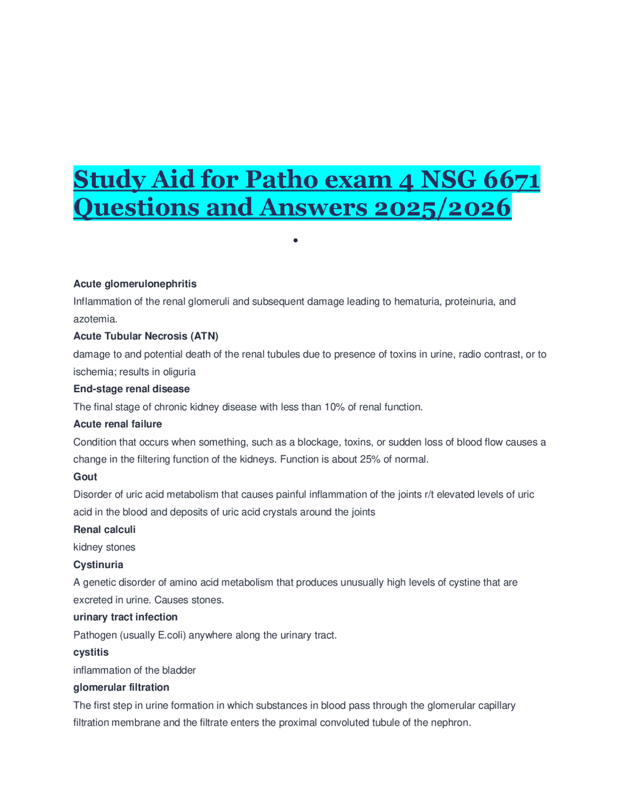Study Aid for Patho Exam 4 NSG 6671: Questions and Answers 2025/2026 ...