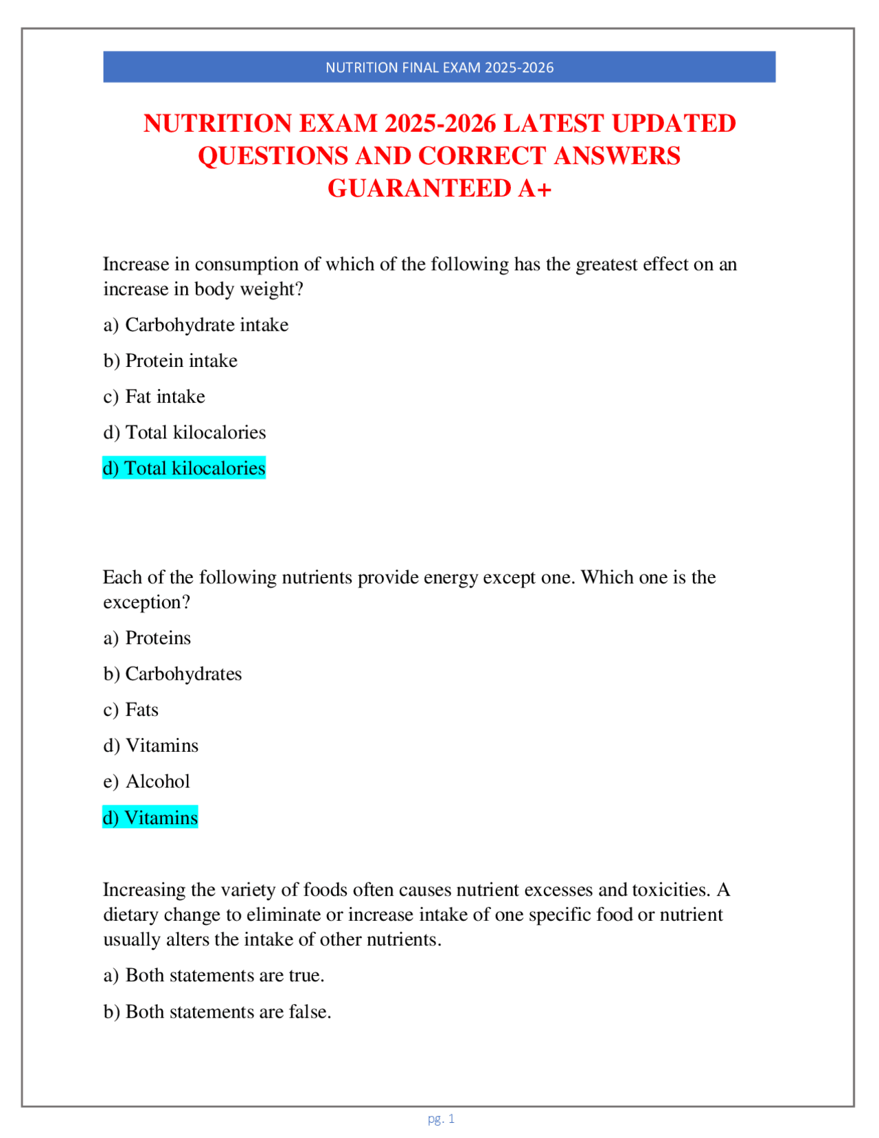 Nutrition Final Exam 2025-2026: Questions and Answers | Exams Nursing ...