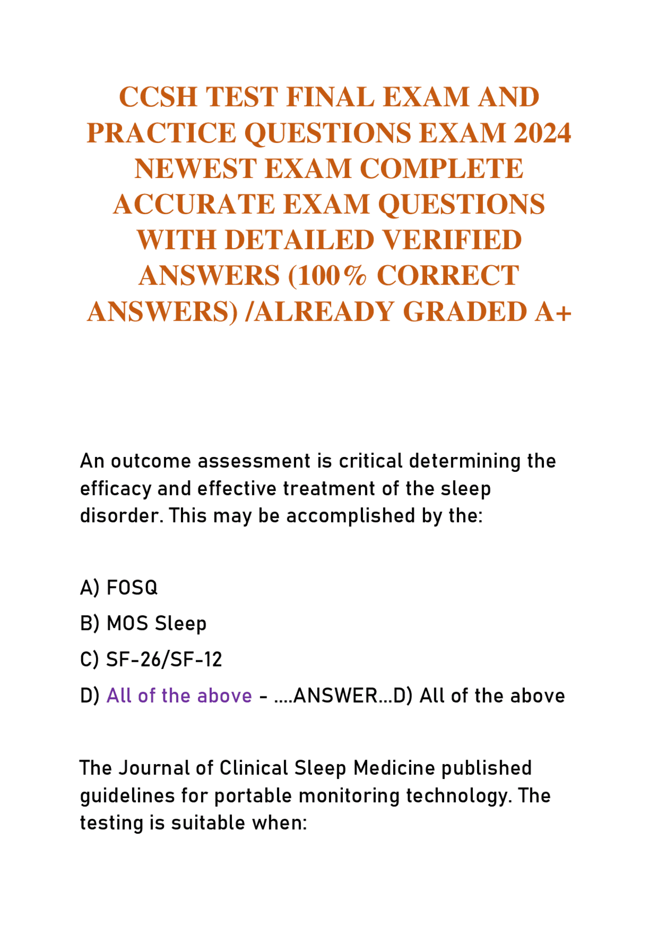 CCSH TEST FINAL EXAM AND PRACTICE QUESTIONS EXAM 2024 | Exams Nursing ...