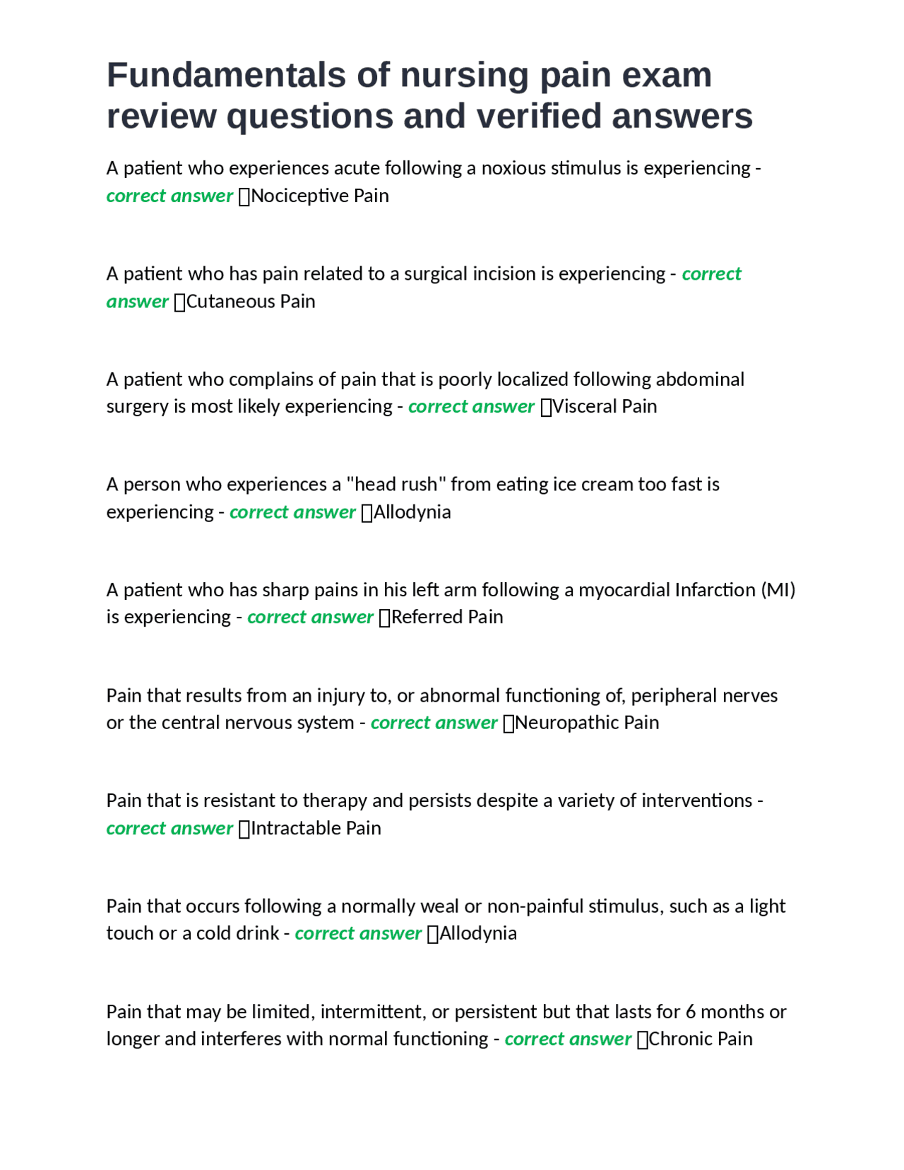 Fundamentals of Nursing Pain Exam Review Questions and Verified Answers ...