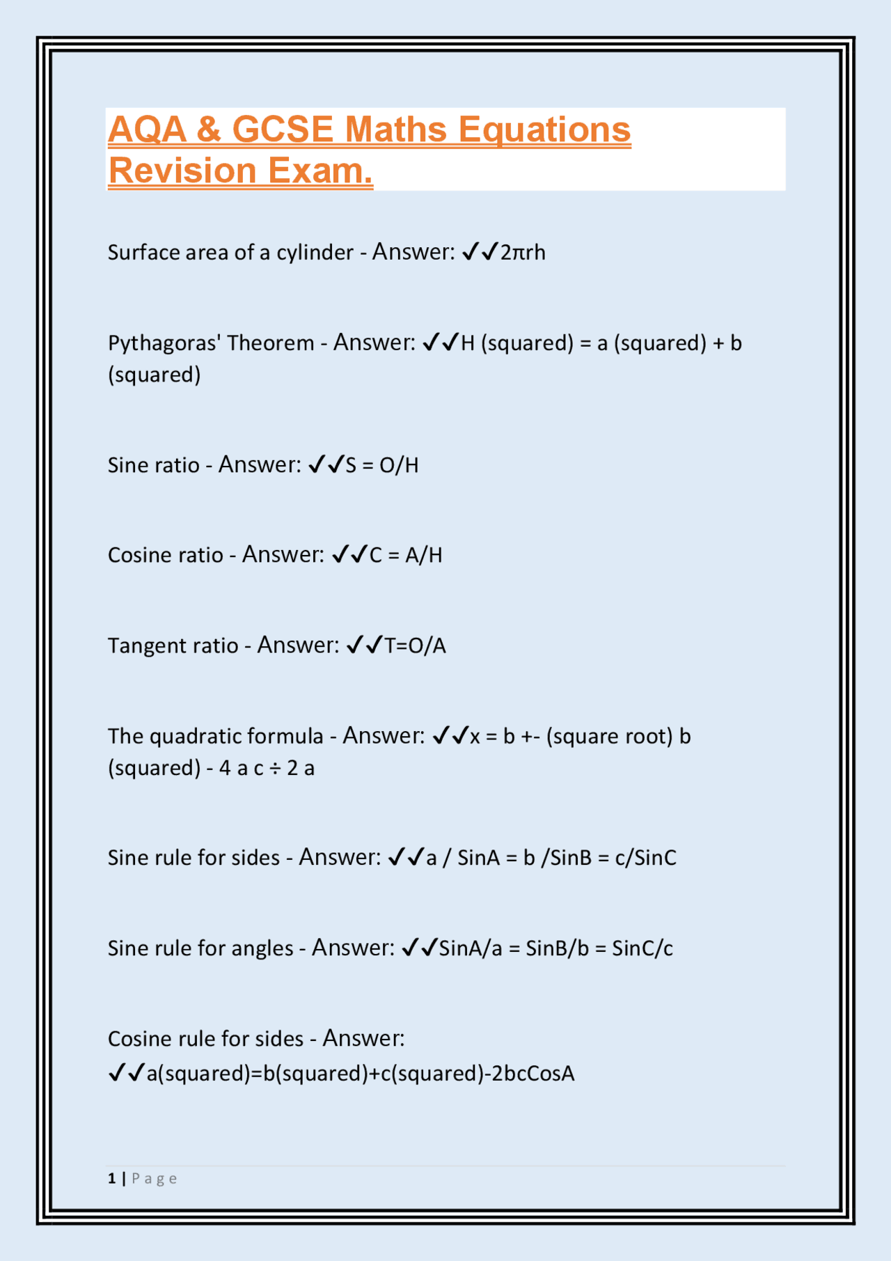 AQA & GCSE Maths Equations Revision Exam. | Exams Trigonometry | Docsity