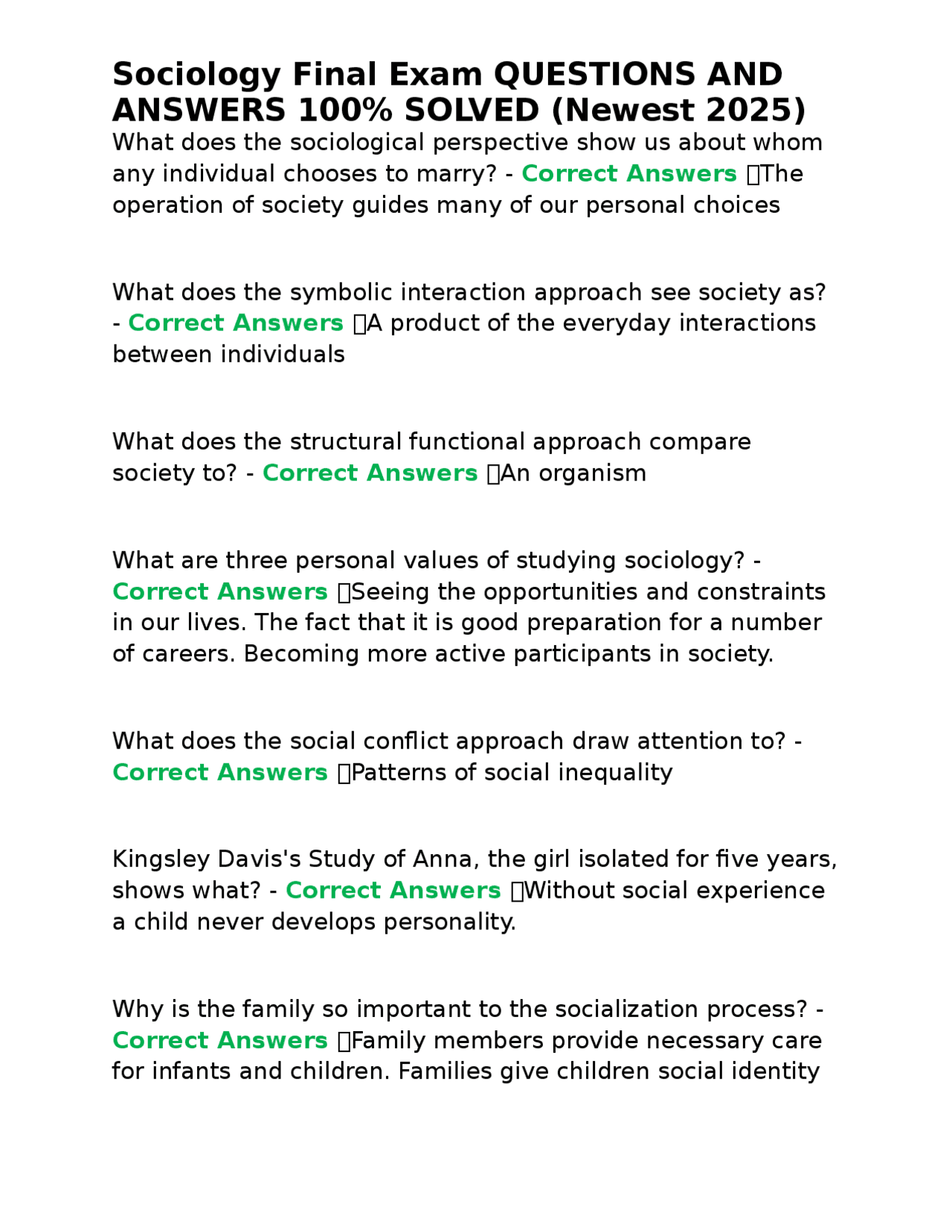 Sociology Final Exam QUESTIONS AND ANSWERS 100% SOLVED (Newest 2025 ...