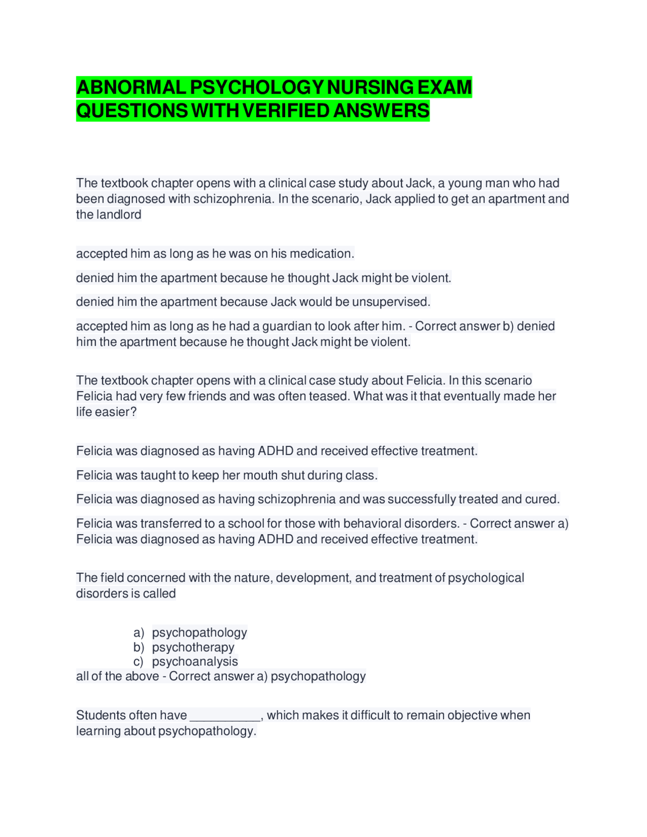 Abnormal Psychology Nursing Exam Questions with Verified Answers ...
