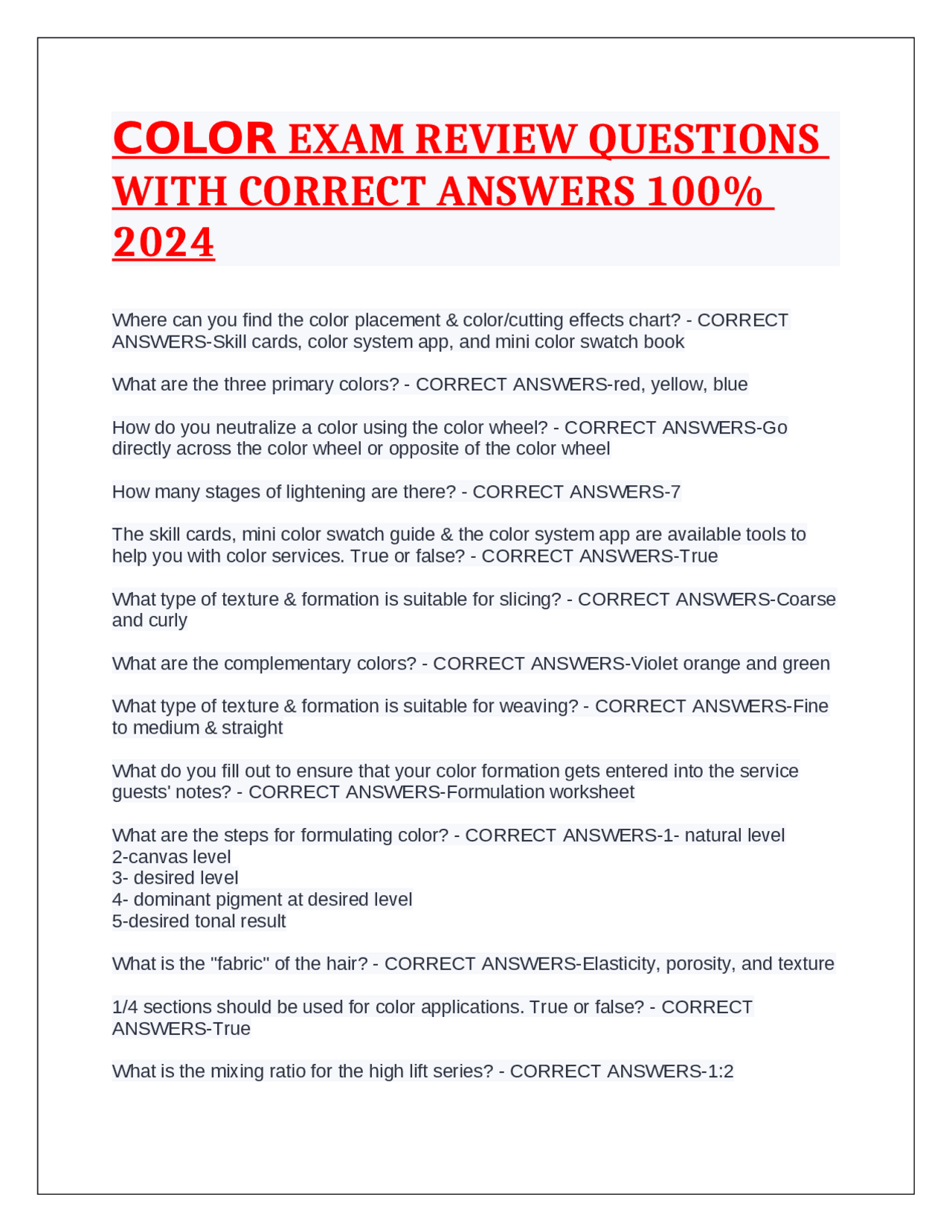 COLOR EXAM REVIEW QUESTIONS WITH CORRECT ANSWERS 100% 2024 | Exams ...