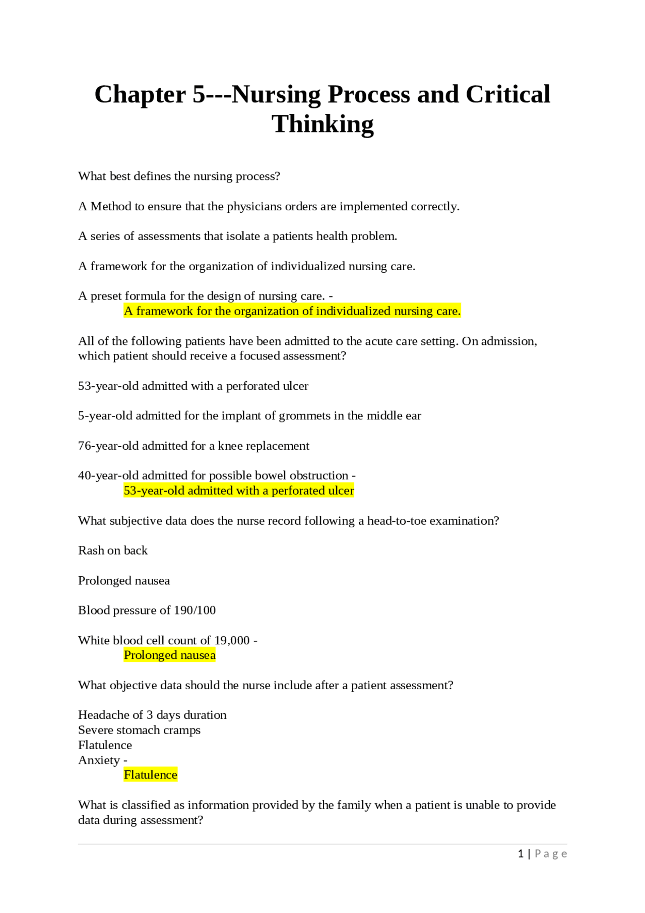 Chapter 5---Nursing Process and Critical Thinking | Exams Nursing | Docsity