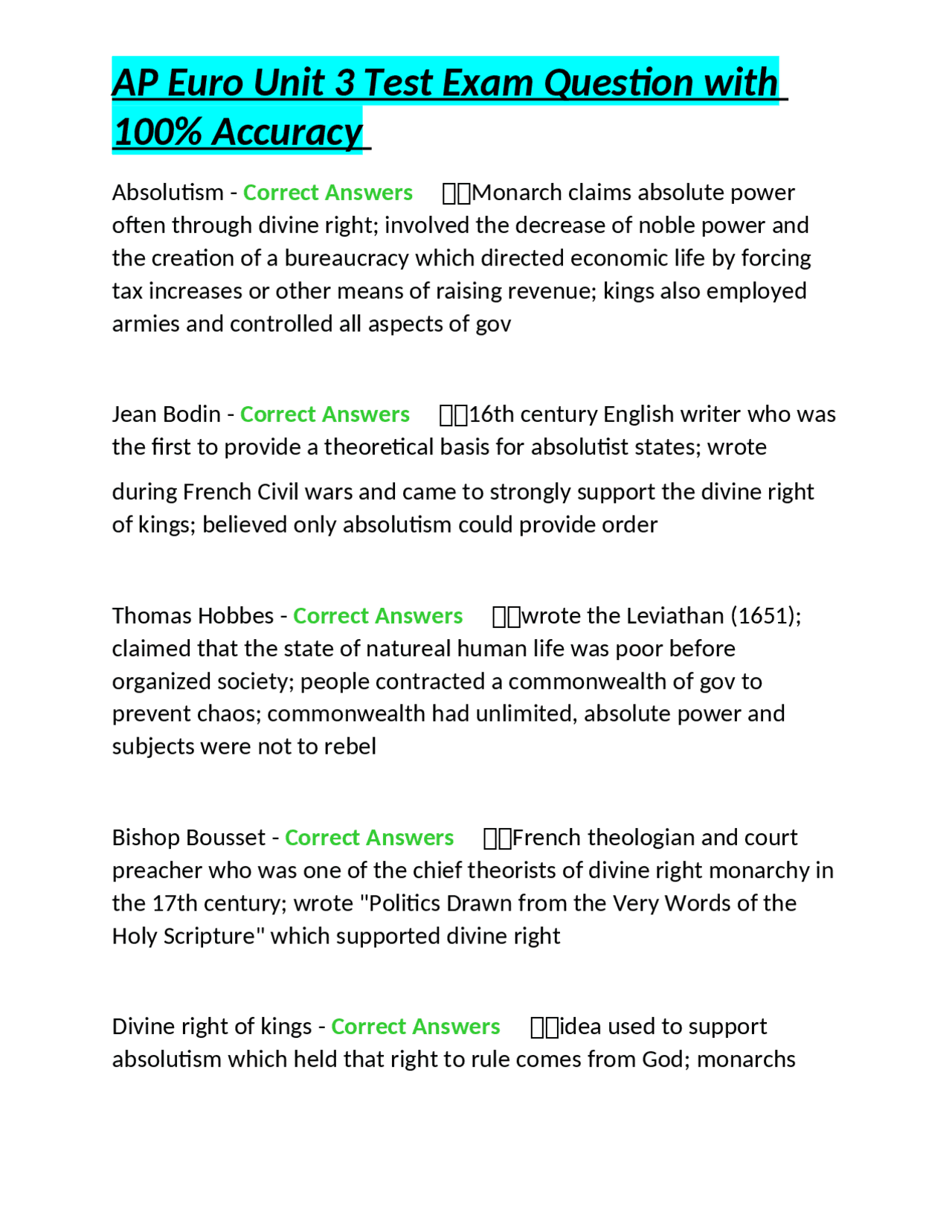 AP Euro Unit 3 Test Exam Questions: Absolutism and the Rise of European ...