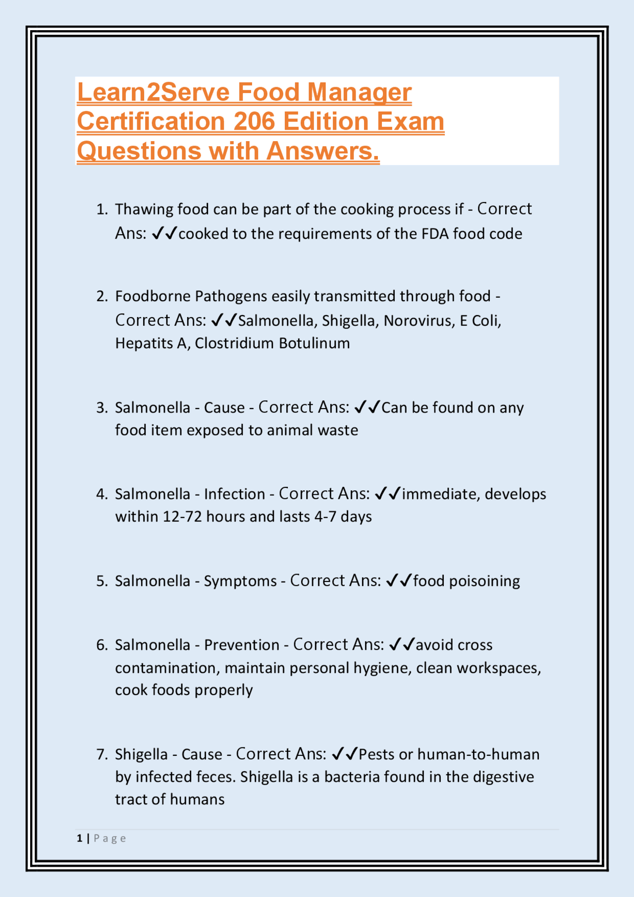 Food Manager Study Guide Learn2Serve Food Manager Certification 206 Edition Exam Questions with ...