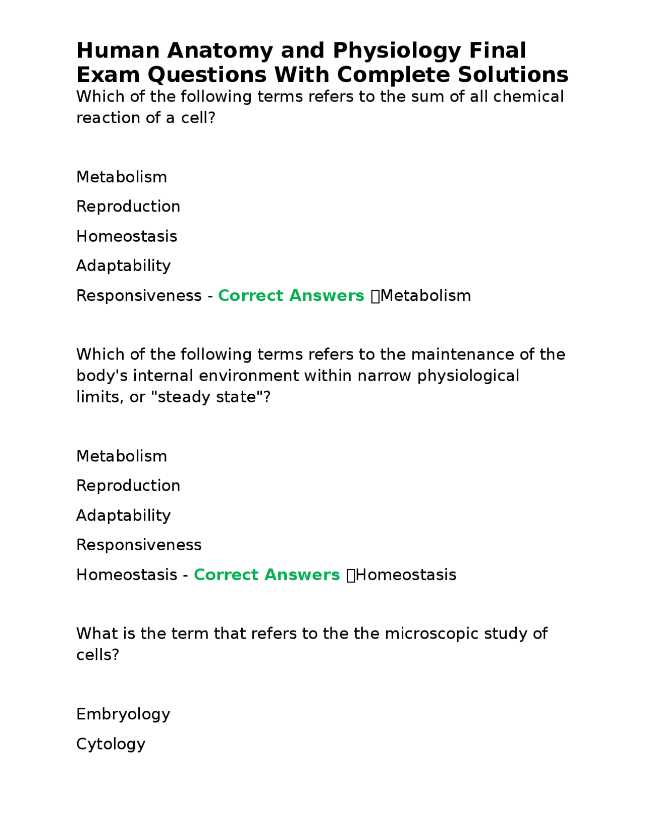 Human Anatomy and Physiology Final Exam Questions With Complete ...