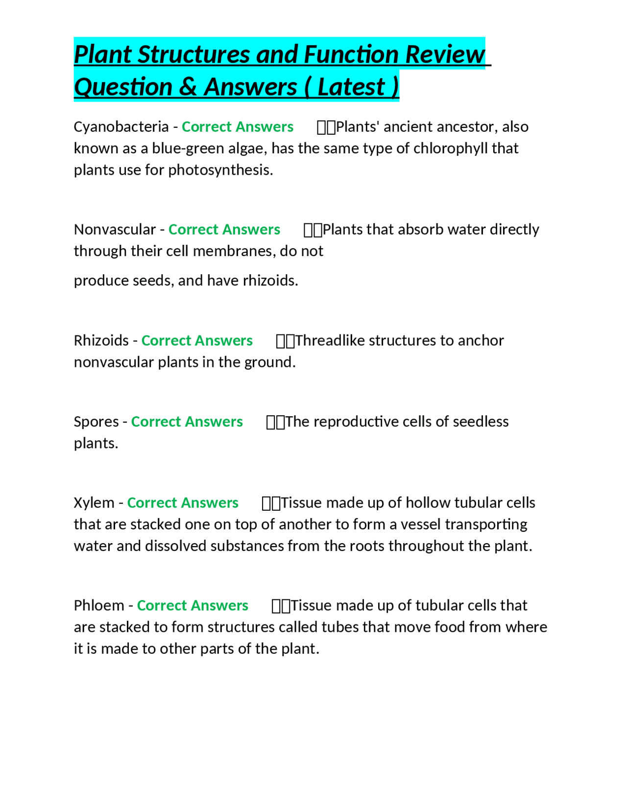 Plant Structures and Function Review Question & Answers ( Latest ...