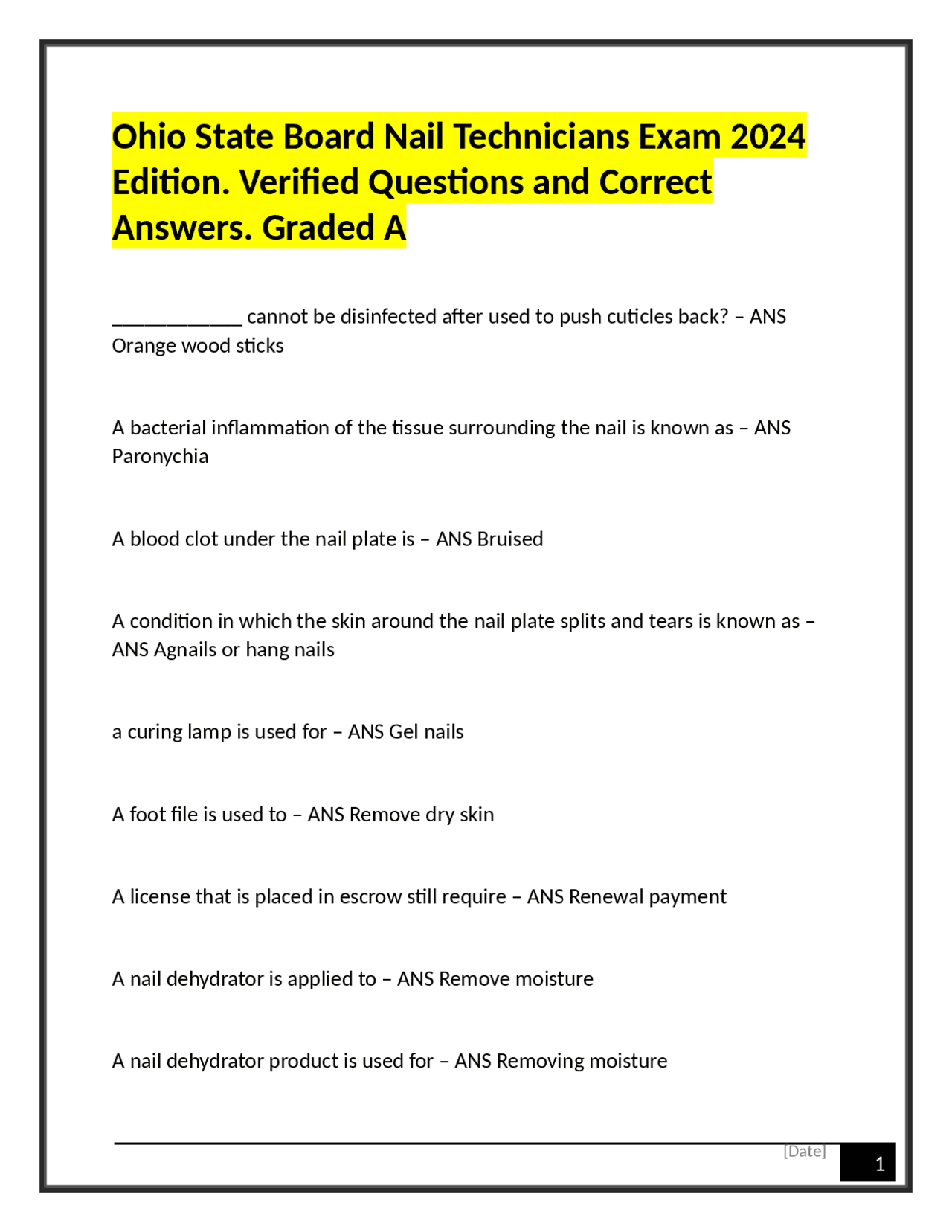 Ohio State Board Nail Technicians Exam 2024 Edition. Verified Questions &amp; Correct Answers ...