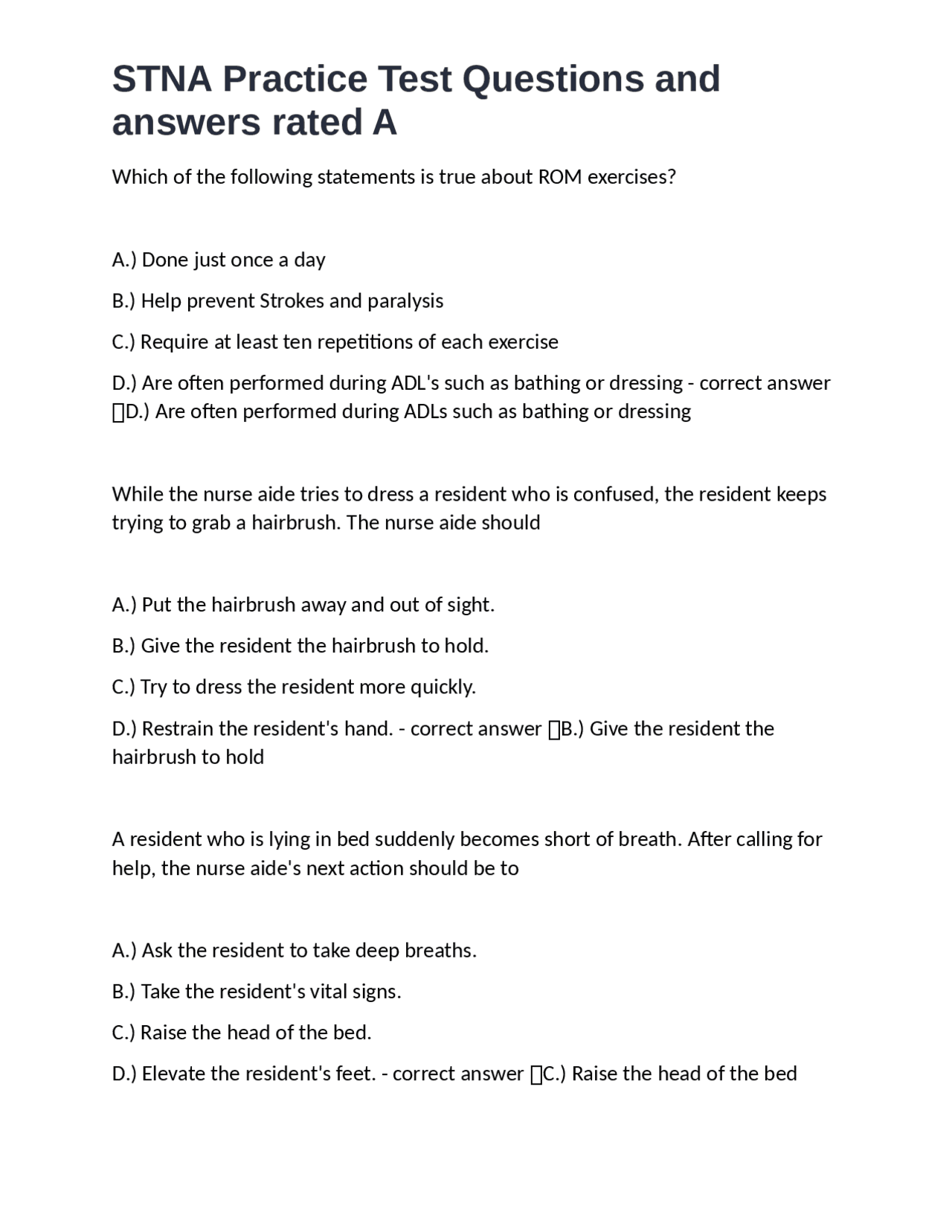 Stna Bit STNA Practice Test Questions and Answers | Exams Nursing | Docsity