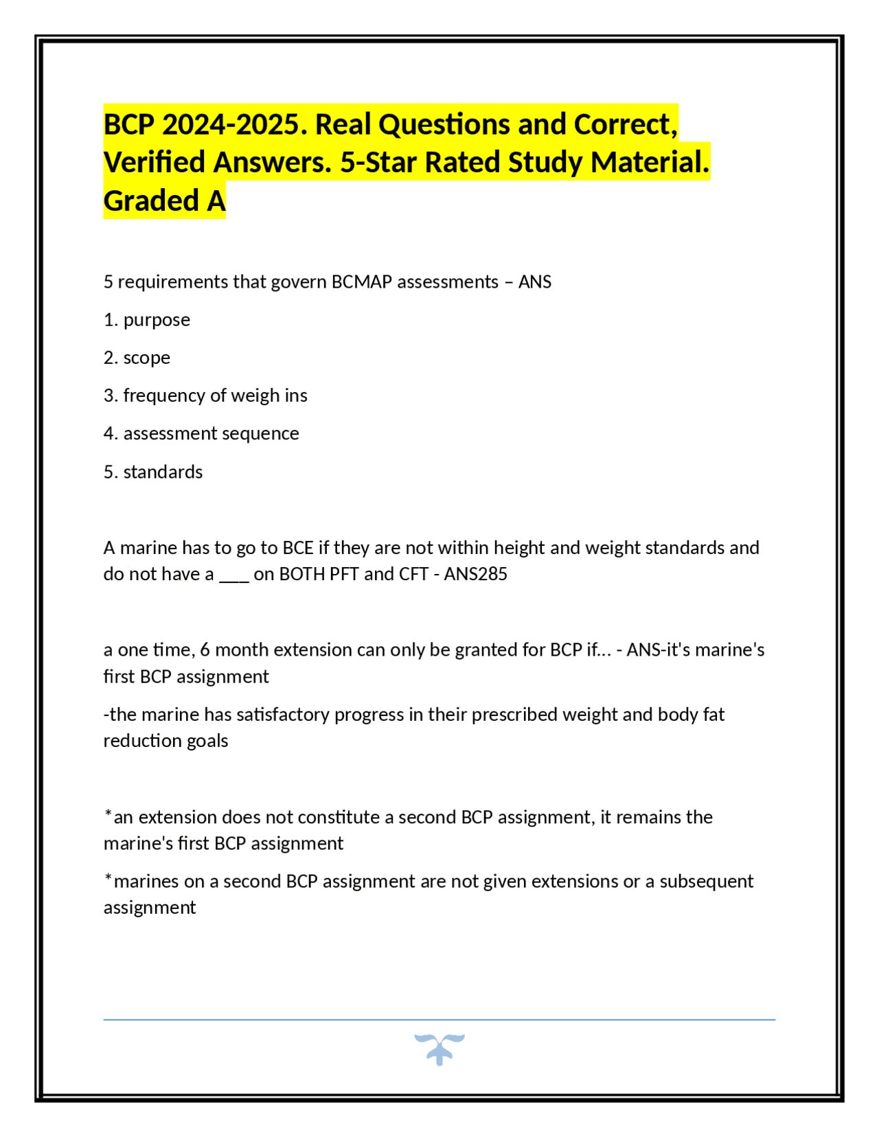 BCP 2024-2025. Real Questions and Correct, Verified Answers. 5-Star ...