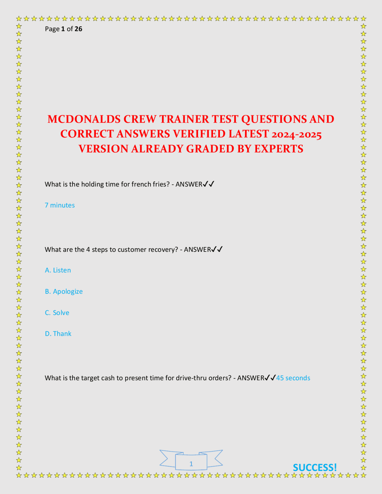 MCDONALDS CREW TRAINER TEST QUESTIONS AND CORRECT ANSWERS VERIFIED LATEST 2024-2025 VERS | Exams ...