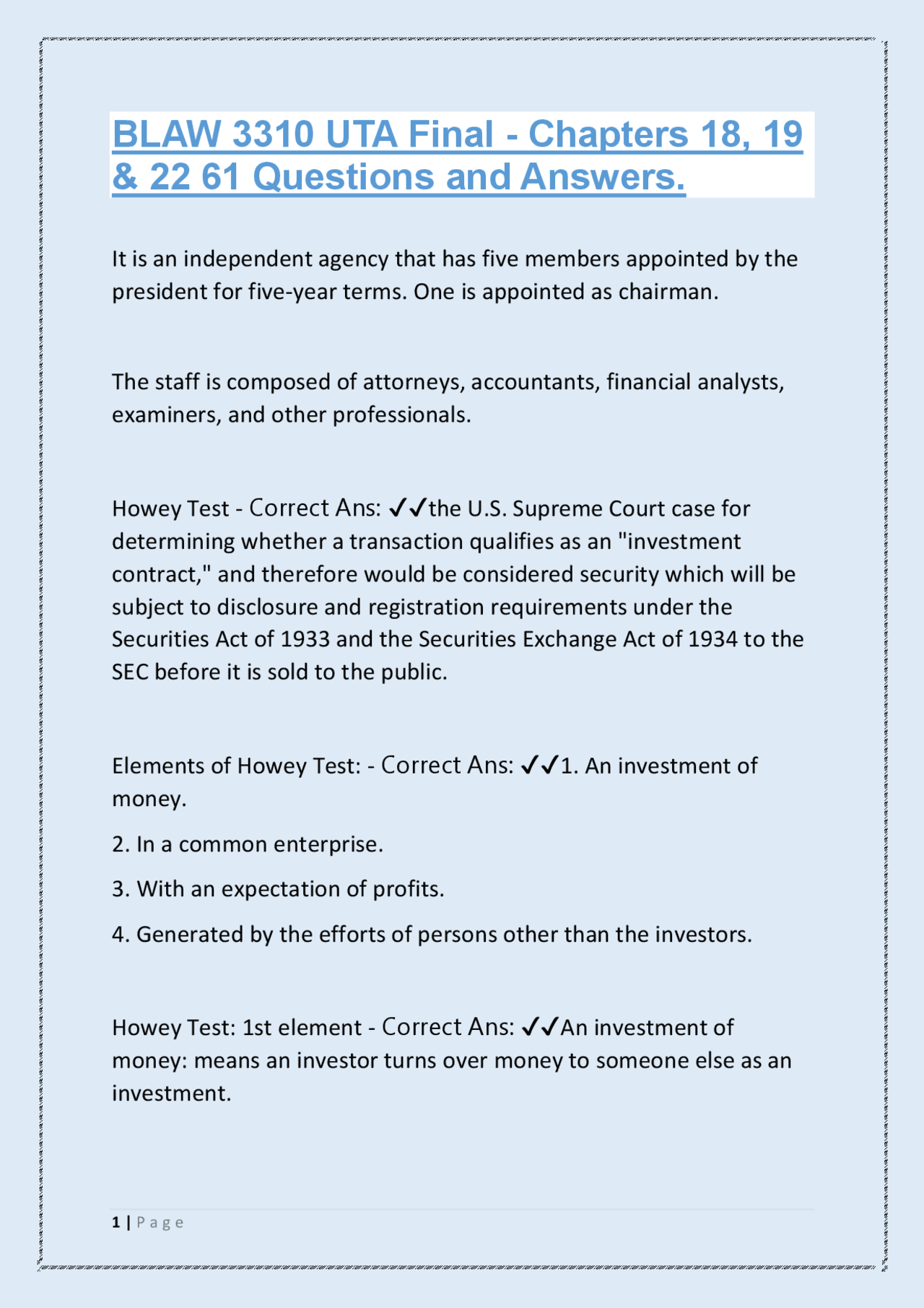BLAW 3310 UTA Final - Chapters 18, 19 & 22: 61 Questions and Answers ...