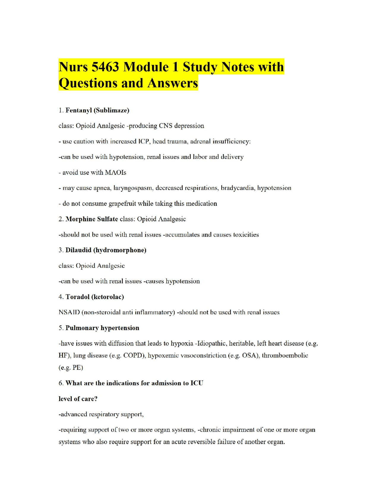 Nurs 5463 Module 1 Study Notes with Questions and Answers | Exams ...