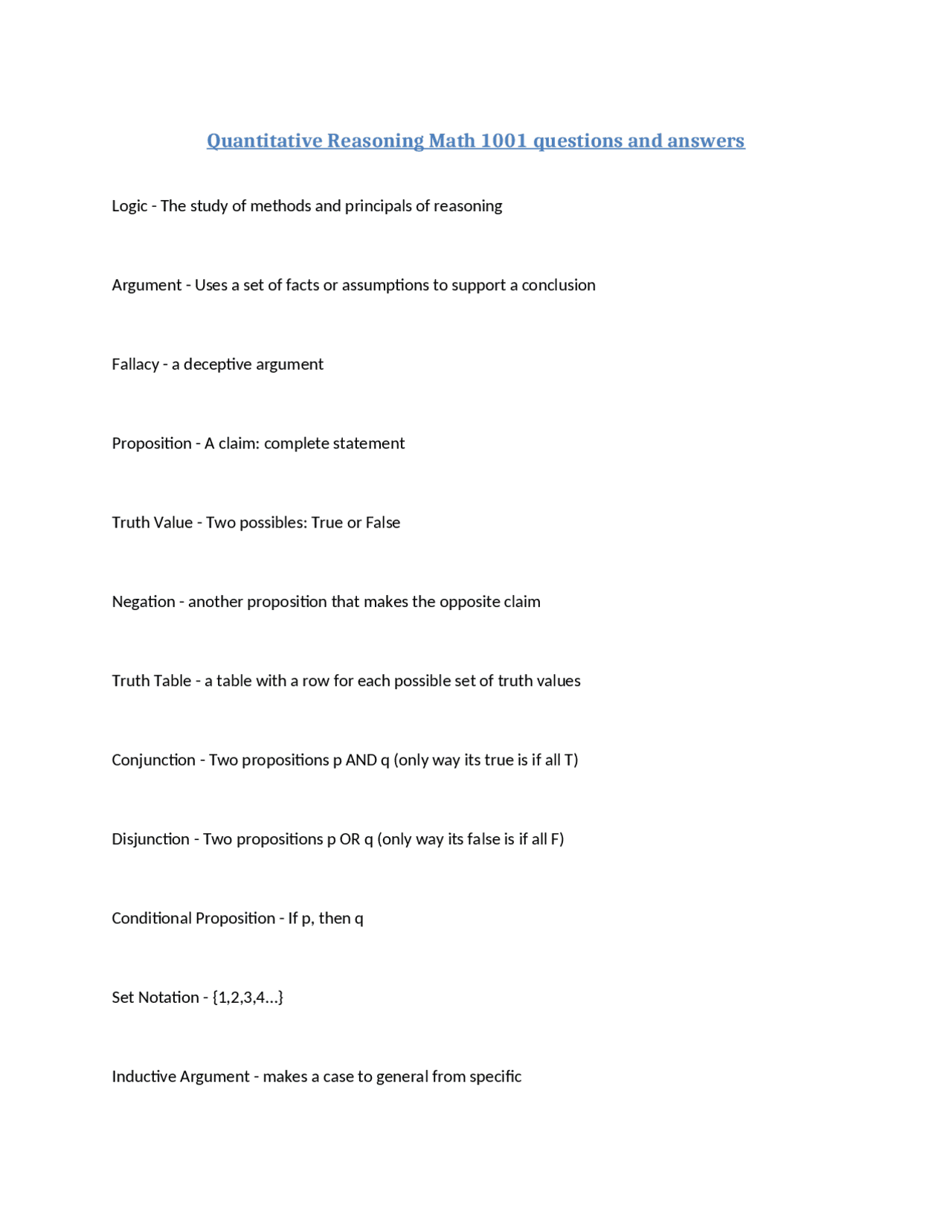 Quantitative Reasoning Math 1001: Concepts and Definitions | Exams ...