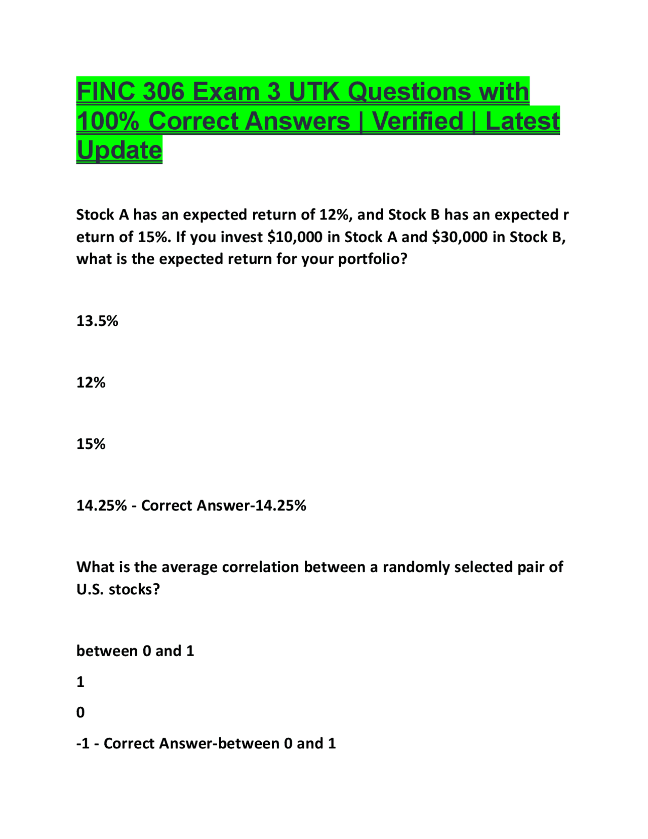 FINC 306 Exam 3 UTK Questions and Answers | Exams Advanced Education ...