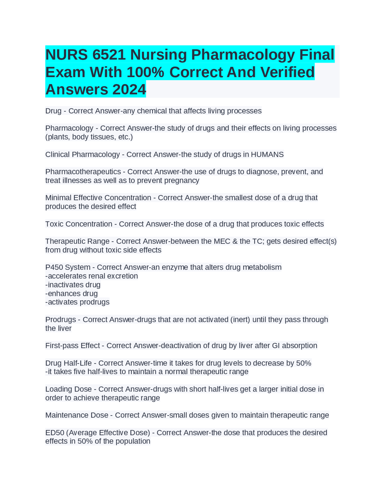 NURS 6521 Nursing Pharmacology Final Exam With 100% Correct And ...