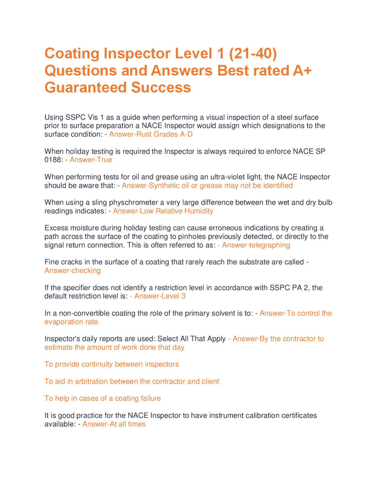 Coating Inspector Level 1: Questions and Answers | Exams Advanced ...