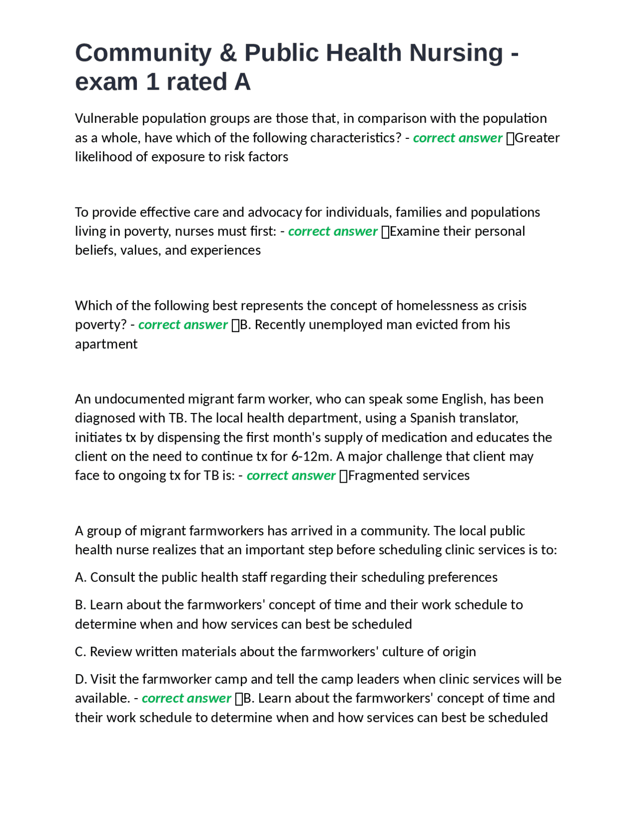 Community & Public Health Nursing Exam 1: Multiple Choice Questions and ...