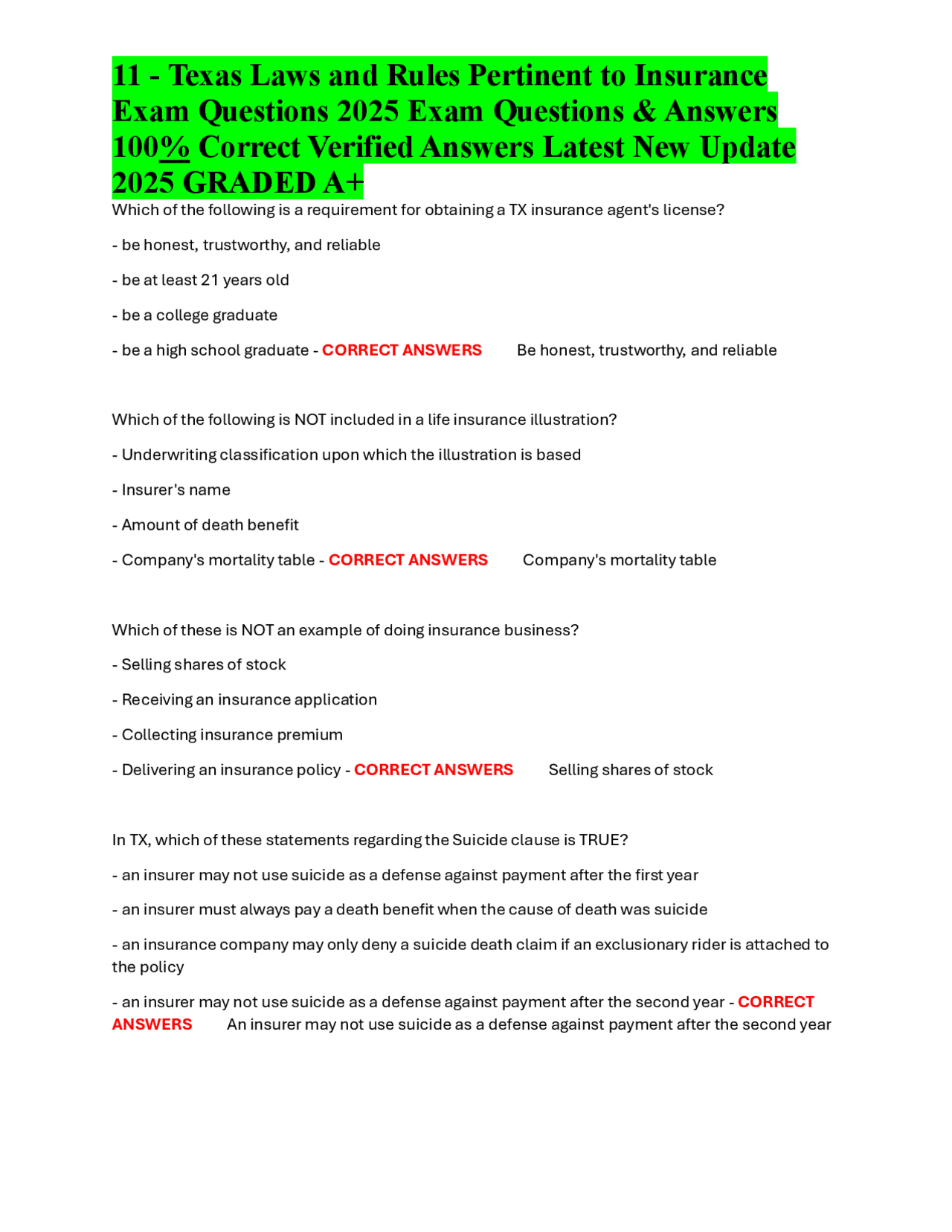 11 - Texas Laws and Rules Pertinent to Insurance Exam Questions 
