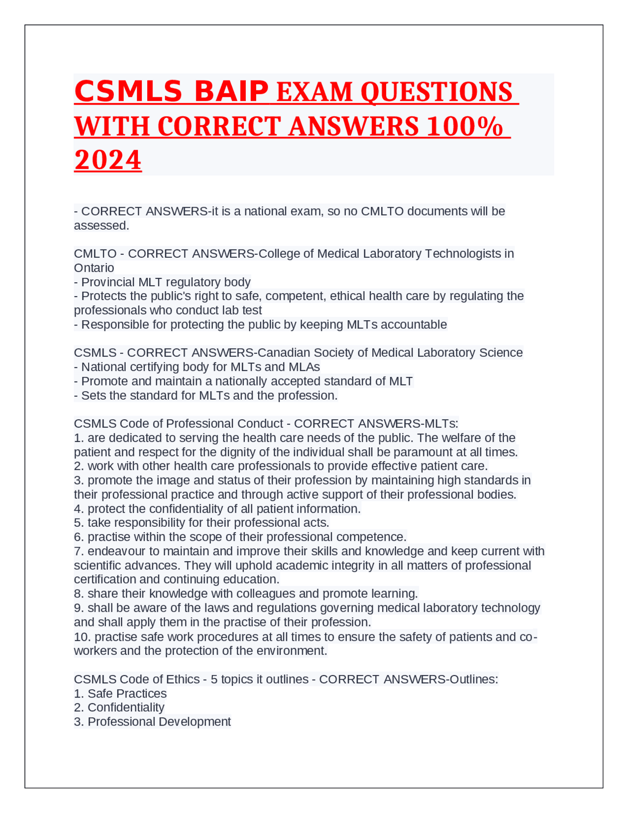 CSMLS BAIP Exam Questions & Answers: Guide for Medical Lab ...