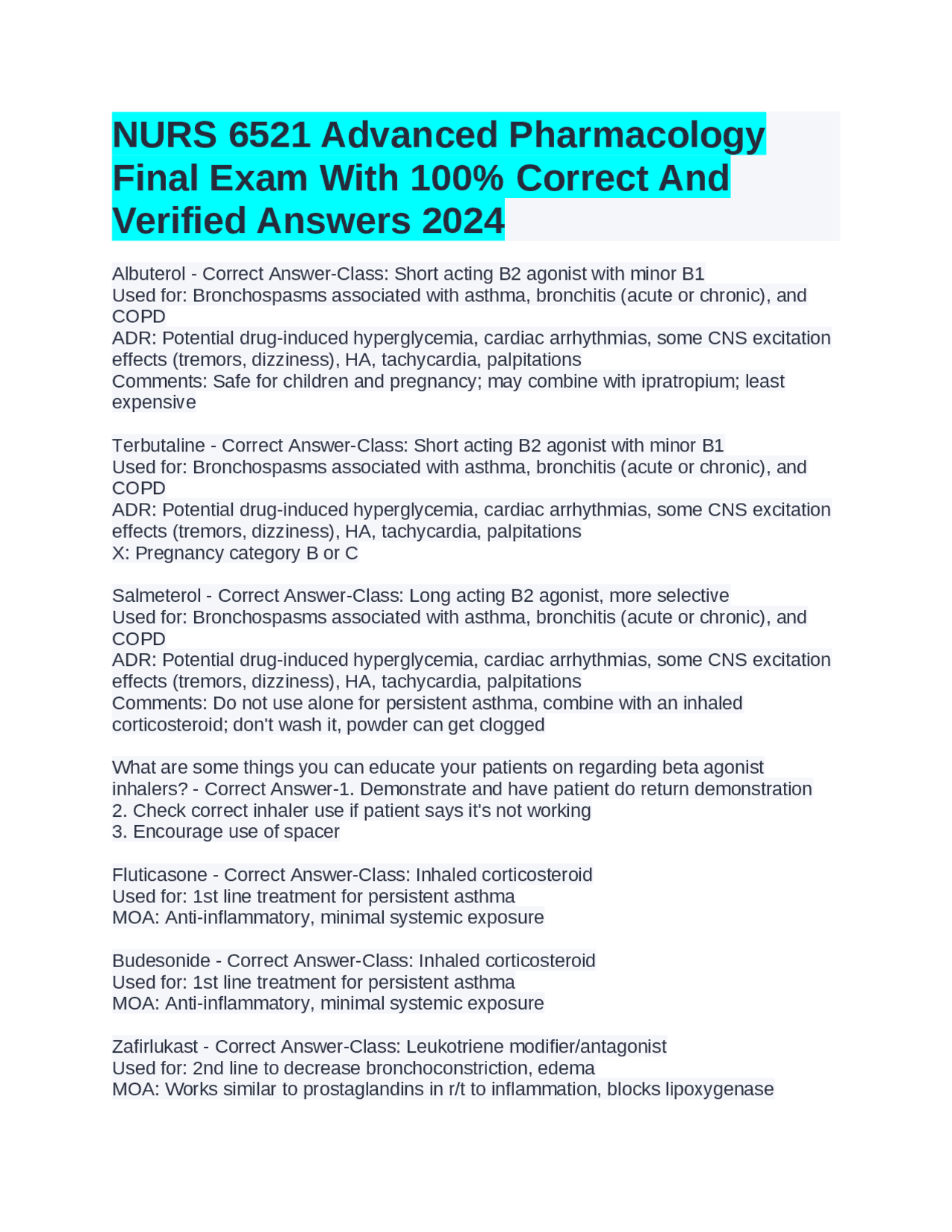 NURS 6521 Advanced Pharmacology Final Exam Review: Key Concepts and ...