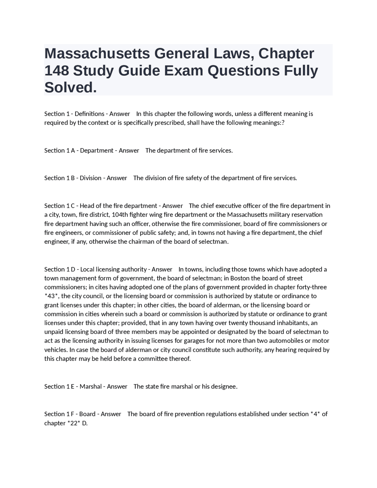 Massachusetts General Laws, Chapter 148 Study Guide Exam Questions ...
